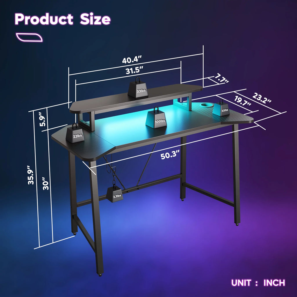 Gaming Desk 50 Inch with LED Lights and Monitor Stand C4904
