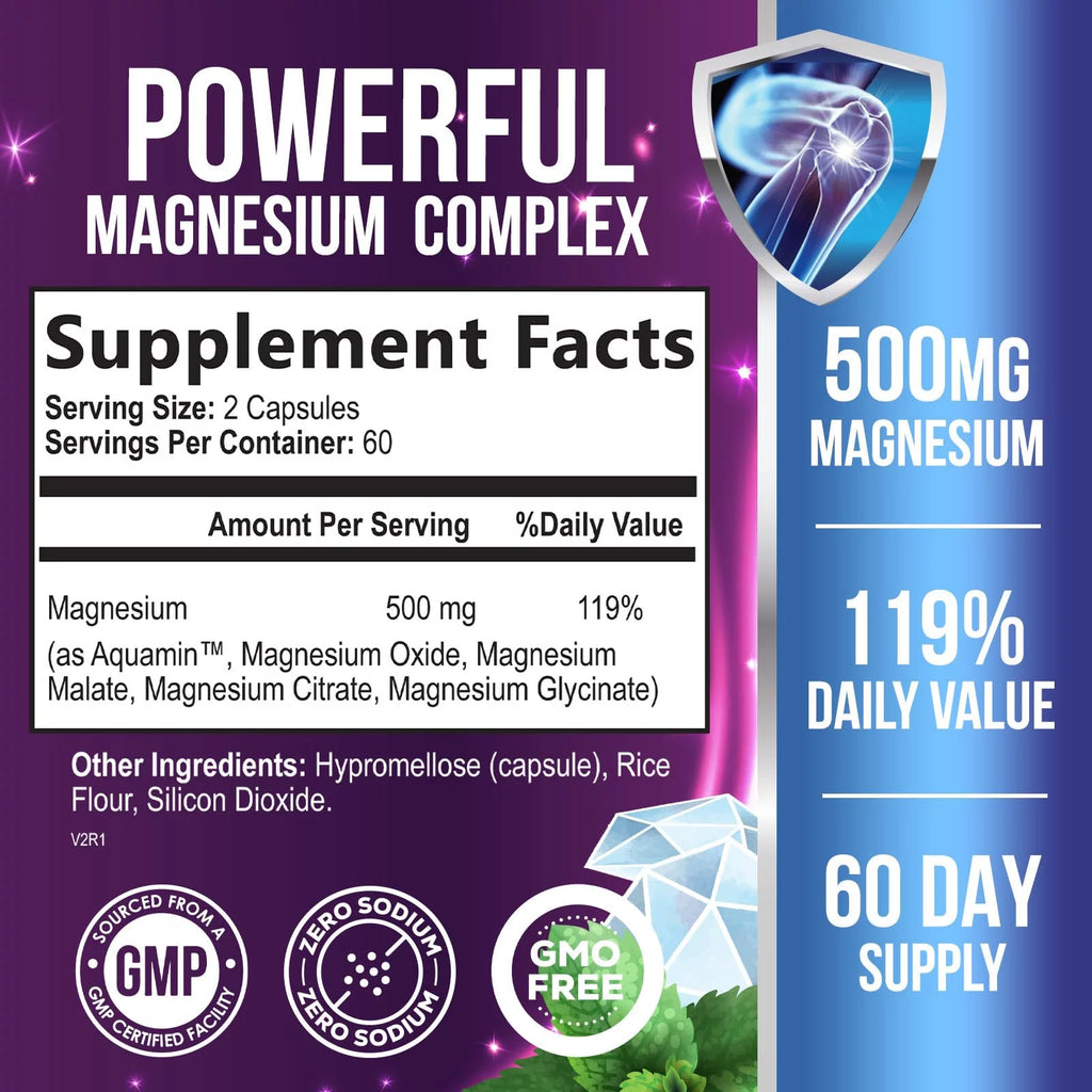 Magnesium Complex 500mg Supplement Capsules for Muscle, Heart, Bone, Nerve Support E184