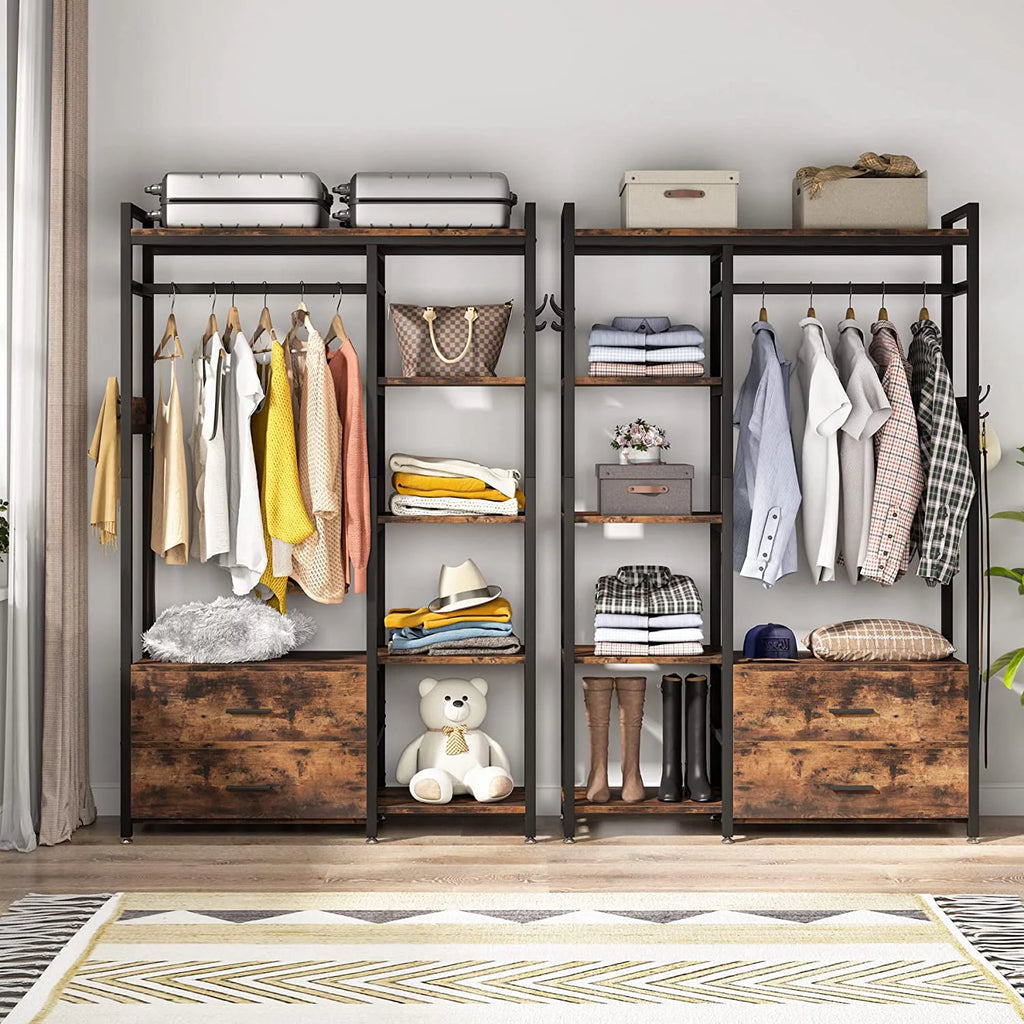 Freestanding Closet Organizer with Drawers and Shelves, Heavy Duty Garment Rack for Bedroom, Rustic Brown D331286