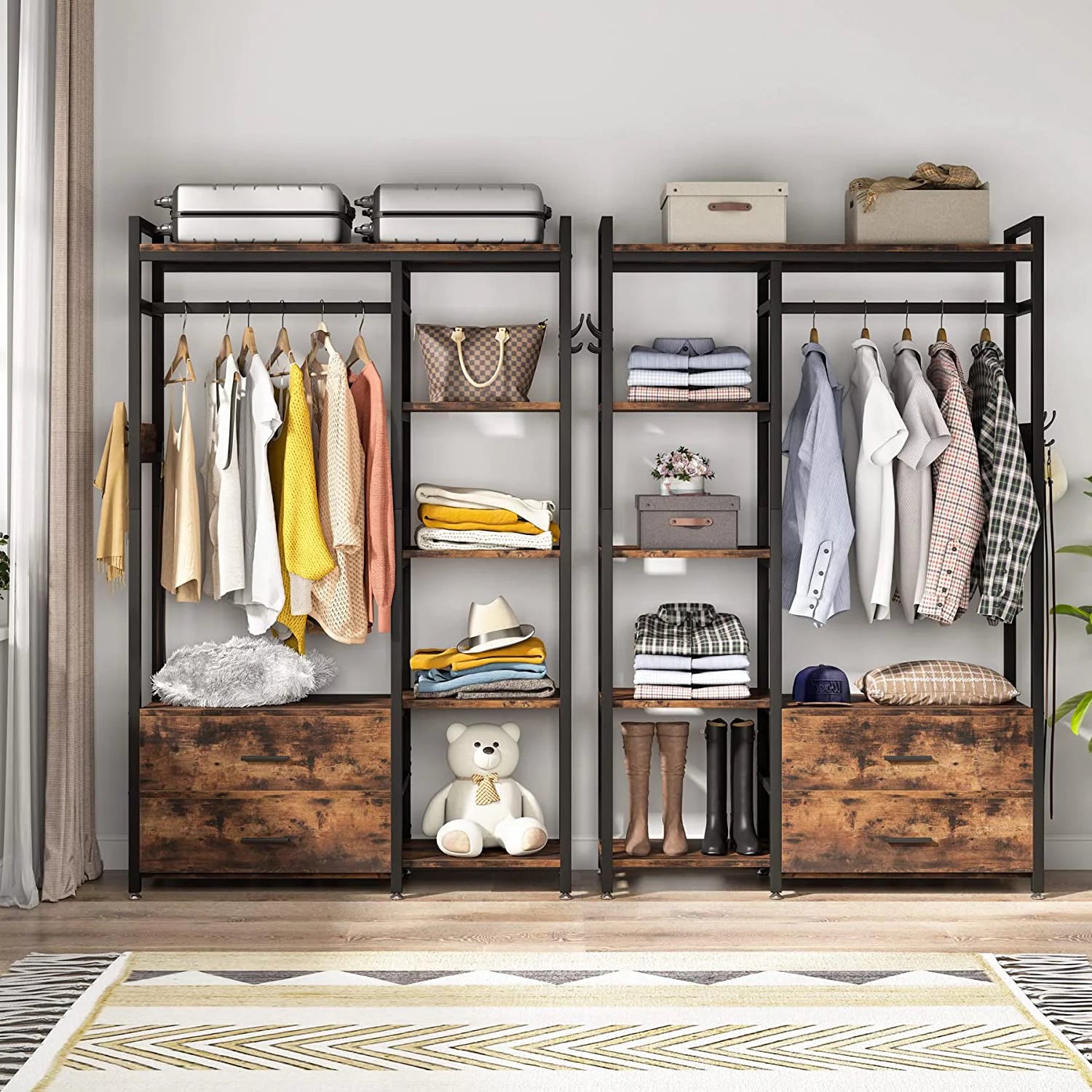 Freestanding Closet Organizer with Drawers and Shelves, Heavy Duty Garment Rack for Bedroom, Rustic Brown D331286