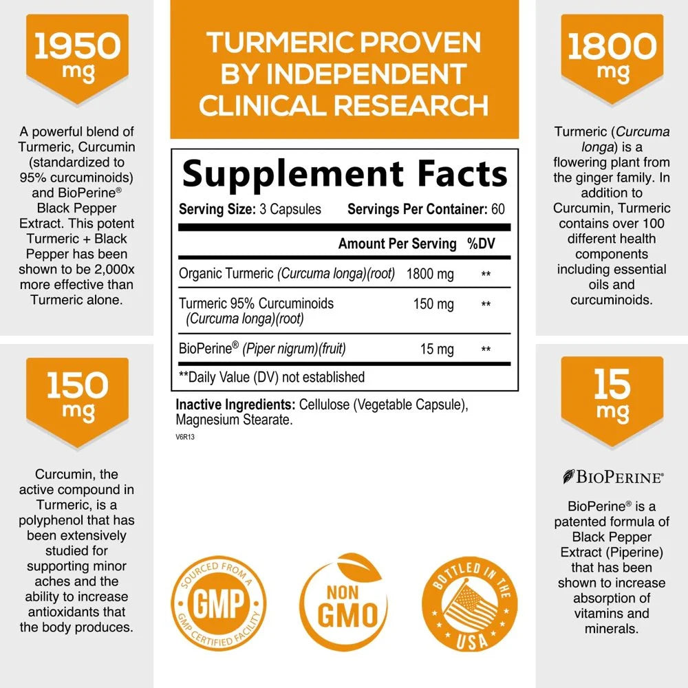 Turmeric Curcumin 1950mg with Black Pepper, Joint Support Supplement, 180 Capsules Y885