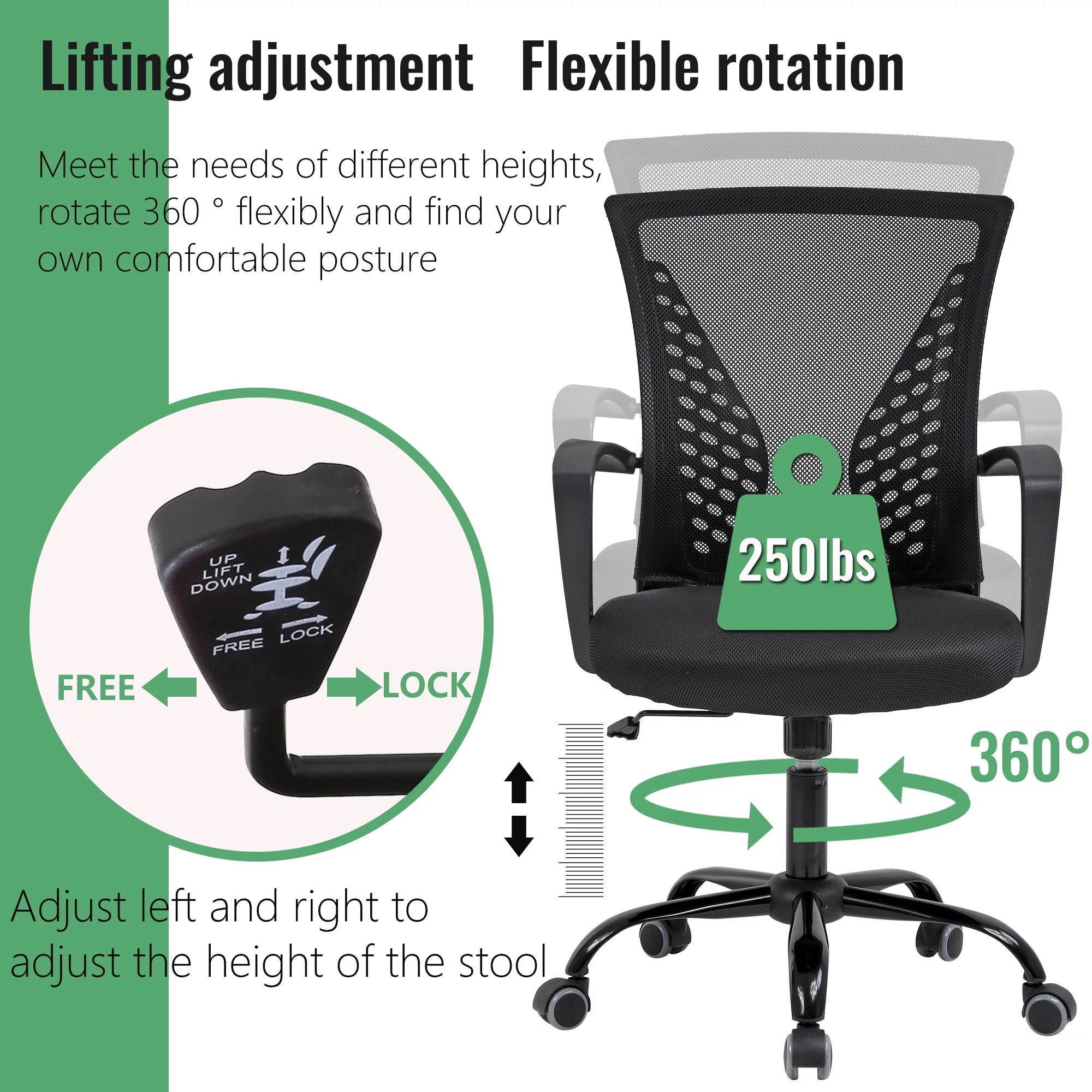 Mesh Office Chair Ergonomic Computer Chair with Swivel & Lumbar Support, Black H29443