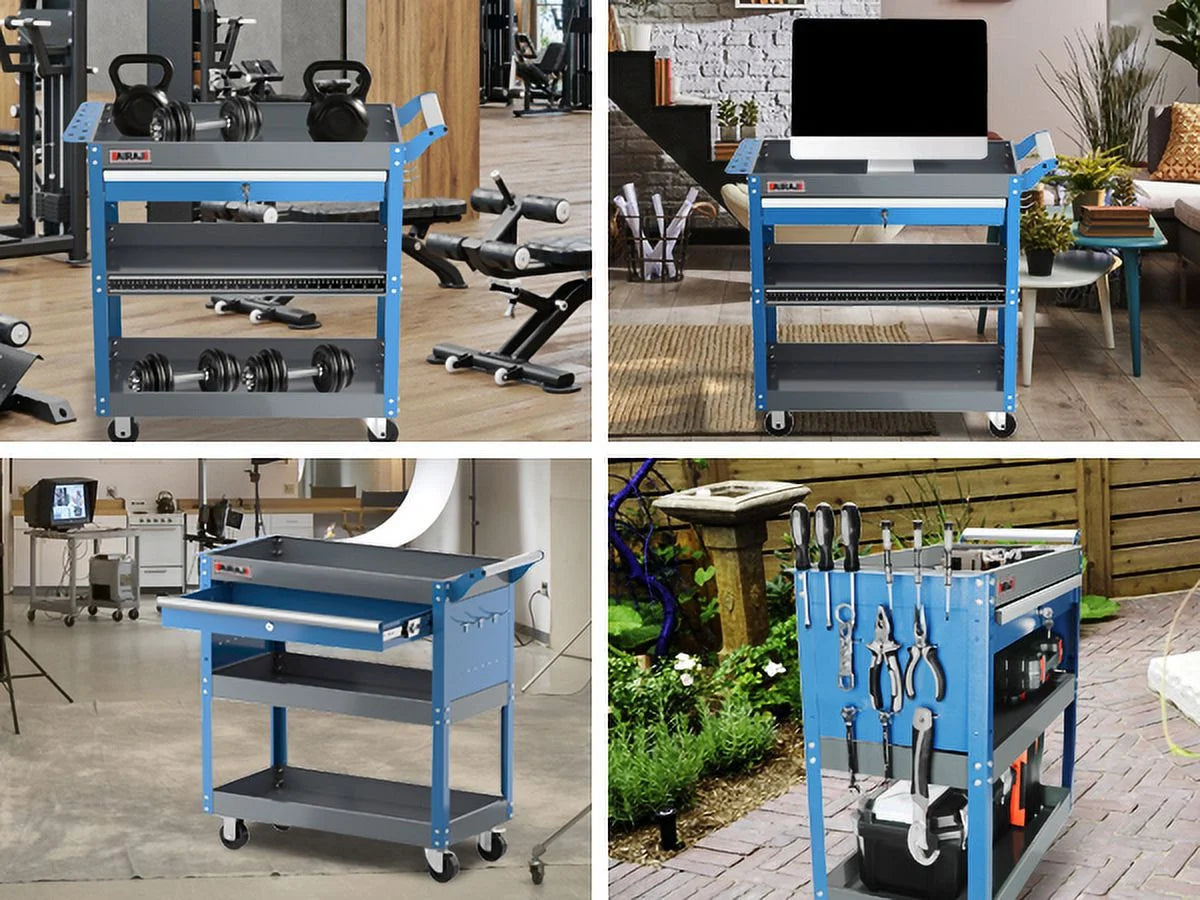 Tool Trolley with 3 Storage Levels, Hanging Hook, Ergonomic Handles, Rubber Brake Wheels V108223