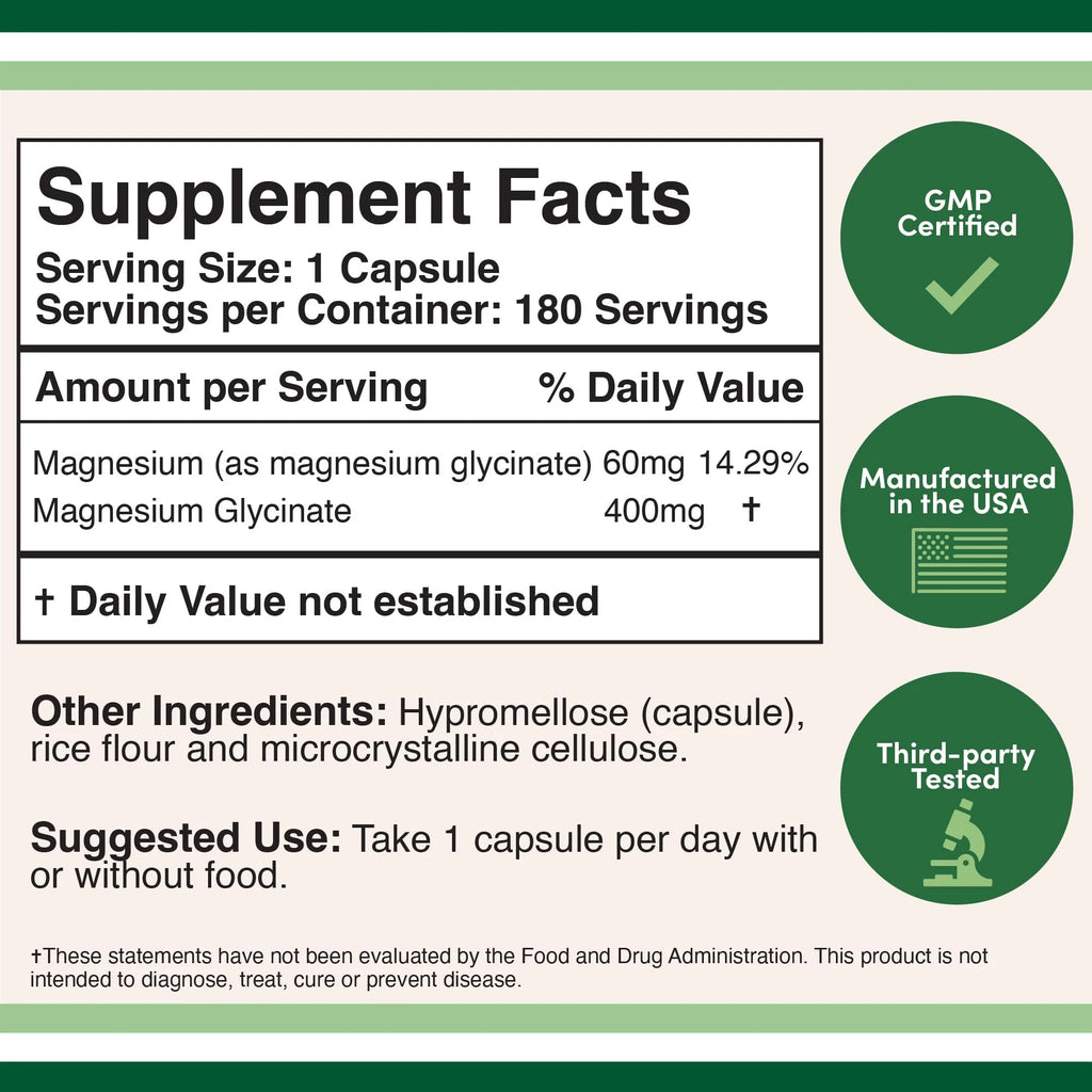 Magnesium Glycinate 400mg, 180 Capsules, High Absorption I59648