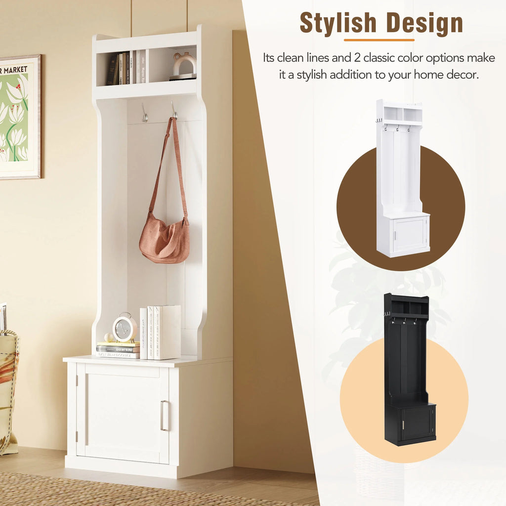 Minimalist Hall Tree with Cabinet & 6 Hanging Hooks, Storage Bench with Coat Rack, White F392546