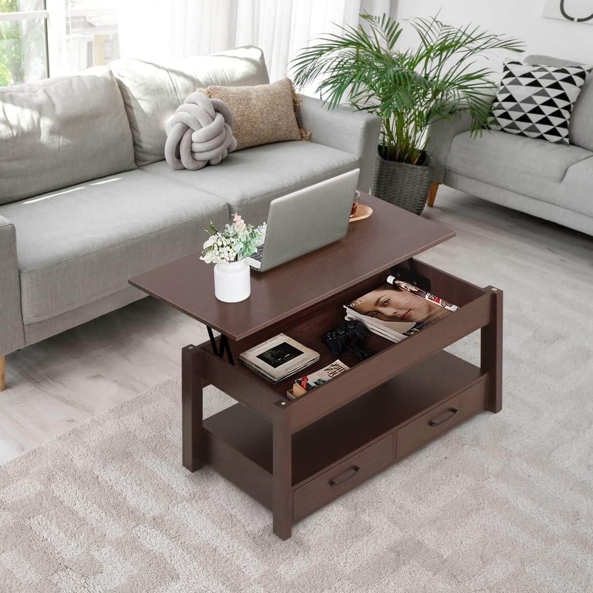 Lift Top Coffee Table with Hidden Compartment and Storage Shelves K22491