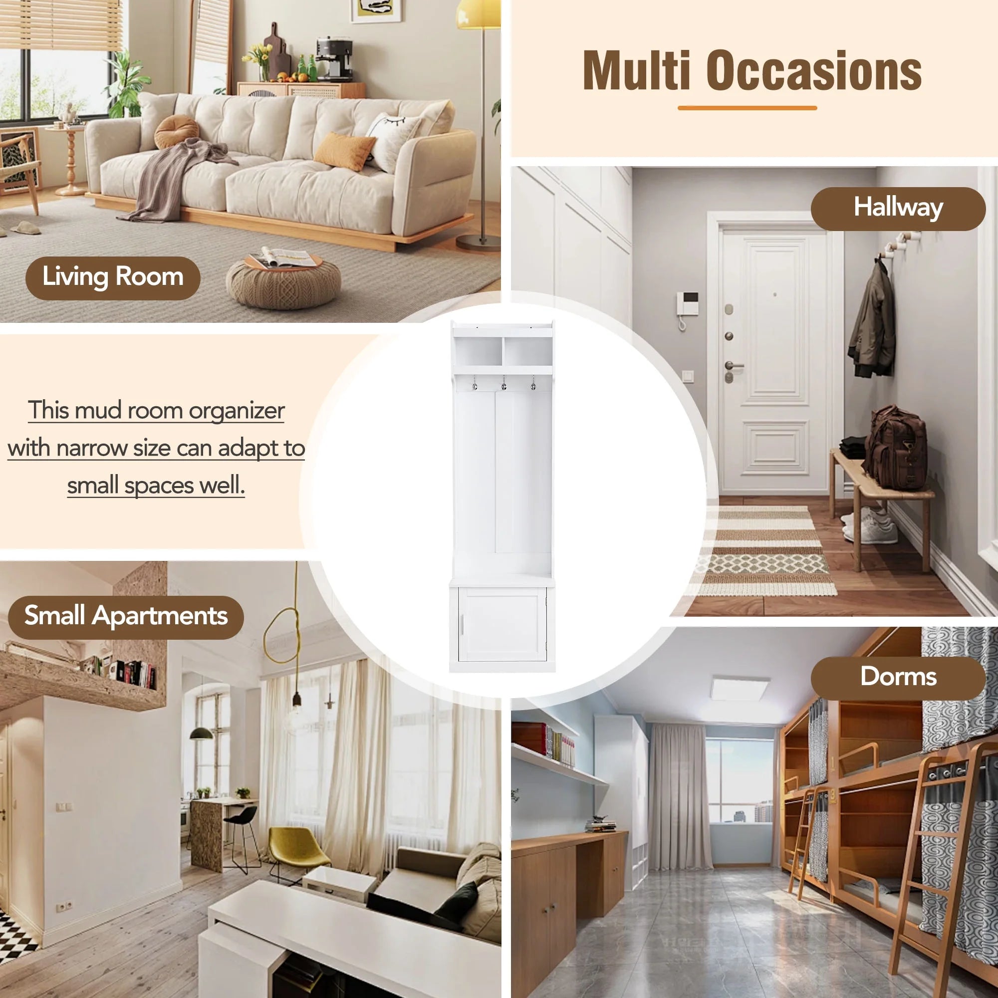 Minimalist Hall Tree with Cabinet & 6 Hanging Hooks, Storage Bench with Coat Rack, White F392546