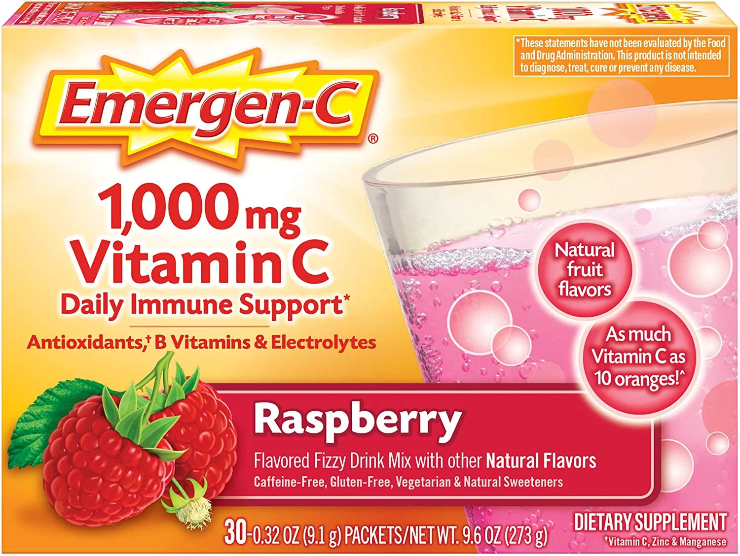 1000mg Vitamin C Powder, with Antioxidants, B Vitamins and Electrolytes, Immunity Supplements for Immune Support, Caffeine Free Fizzy Drink Mix, Raspberry Flavor - 30 Count/1 Month Supply