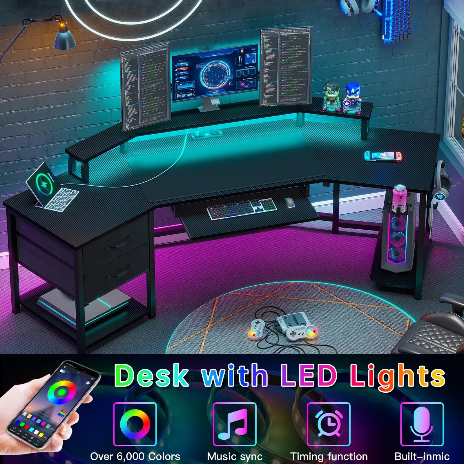 79" L Shaped Gaming Desk with LED Lights, Power Strip, Fabric Drawers, Storage Shelf and Keyboard Tray D650