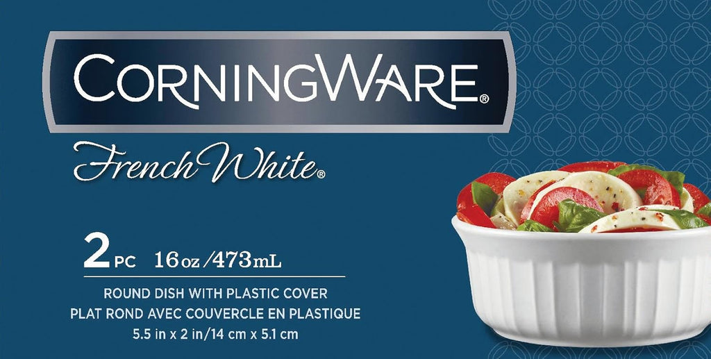 French White 16-Ounce Round Dish with Plastic Cover, Pack of 2 F553