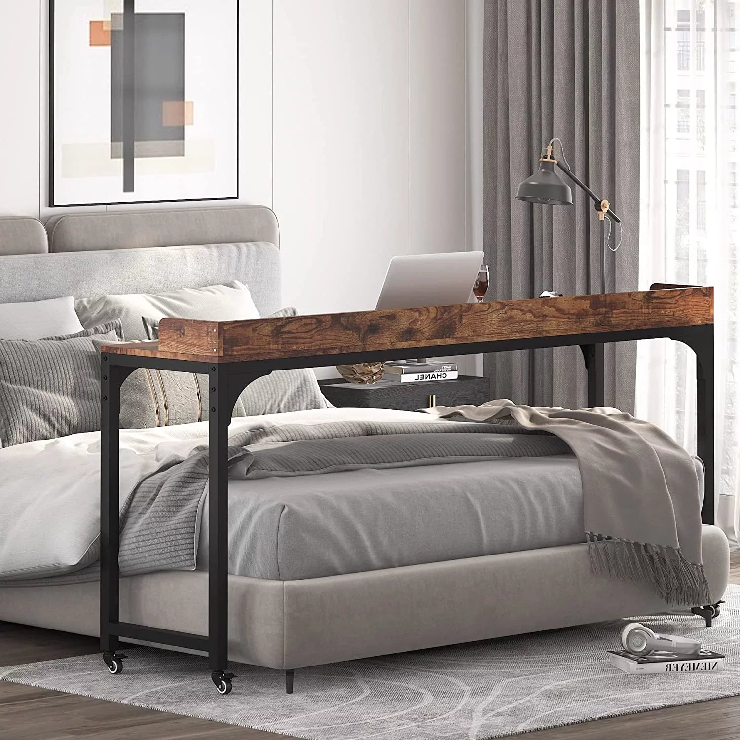 Brown Overbed Table with Wheels, Mobile Desk with Metal Legs Z9651