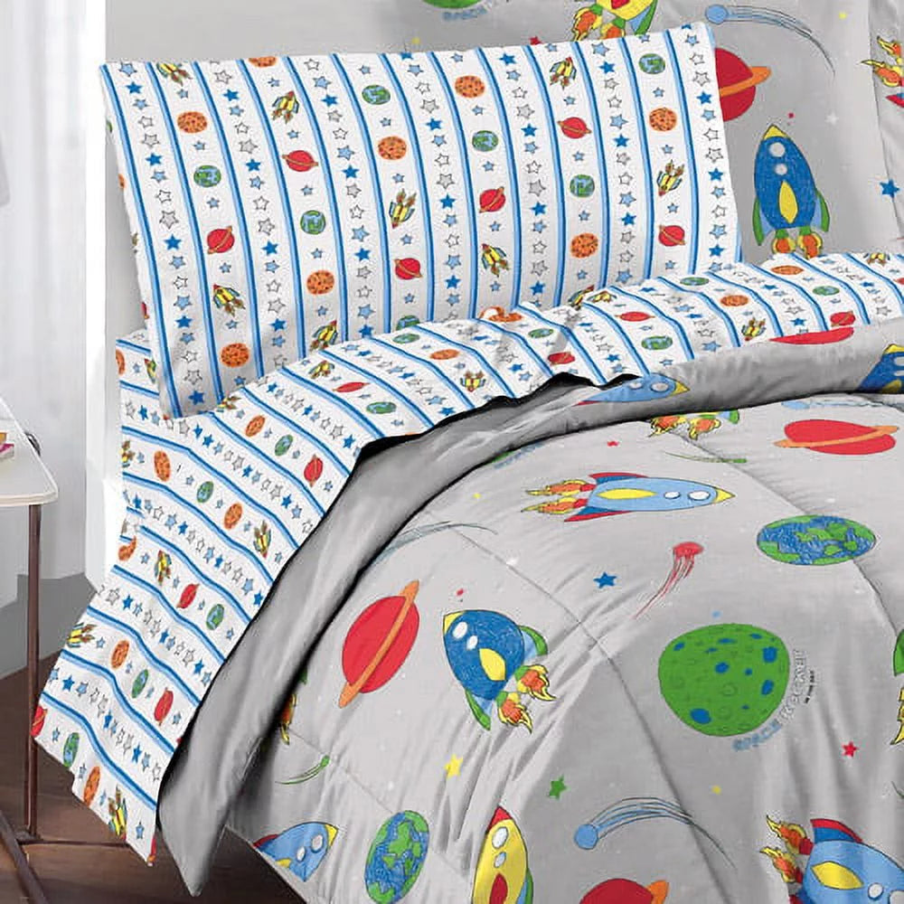 Space Rocket Twin 5 Piece Comforter Set, Bed-in-a-Bag Polyester, Grey Y174424