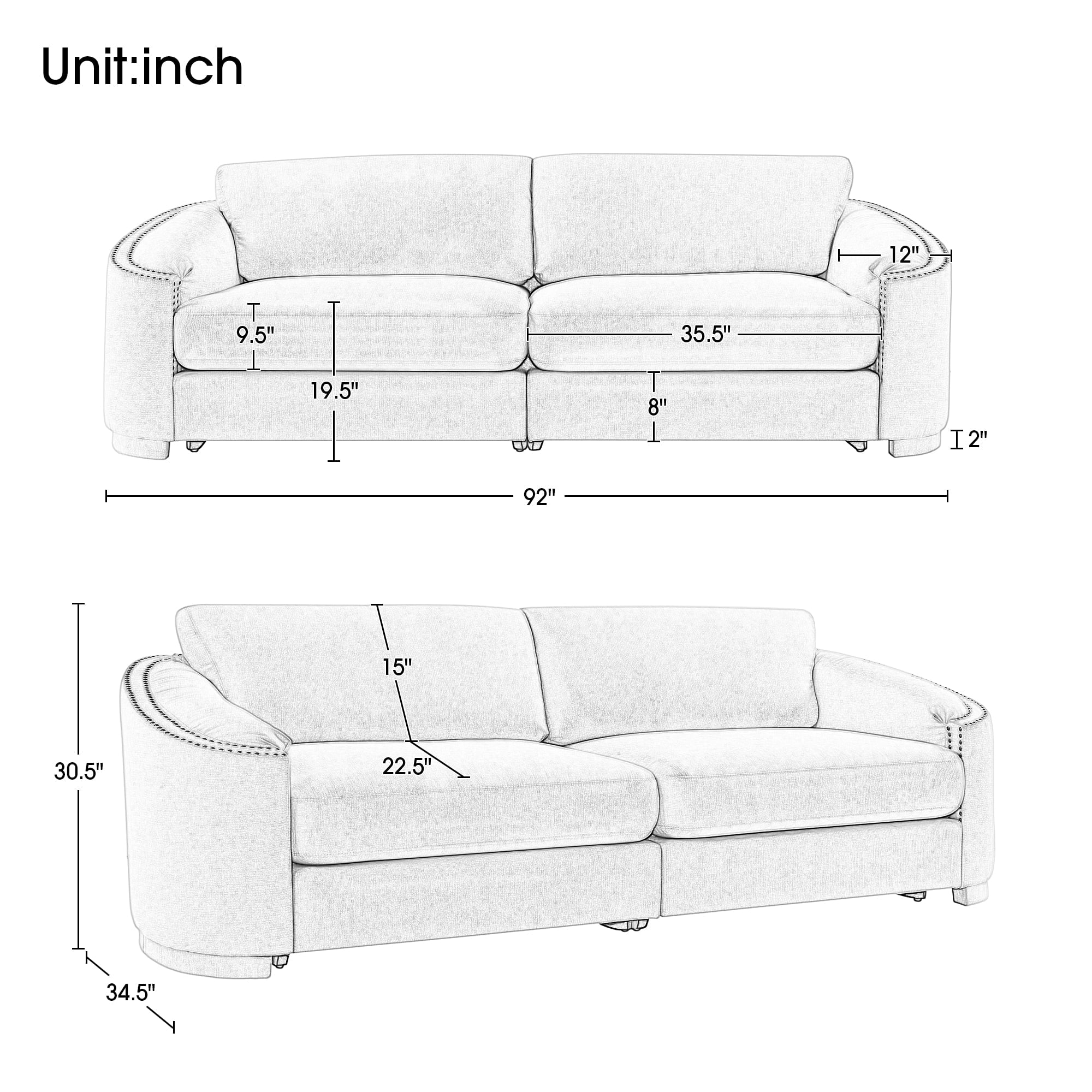 Upholstered 3-Seater Sofa Couch with Semilunar Arm, Beige M669
