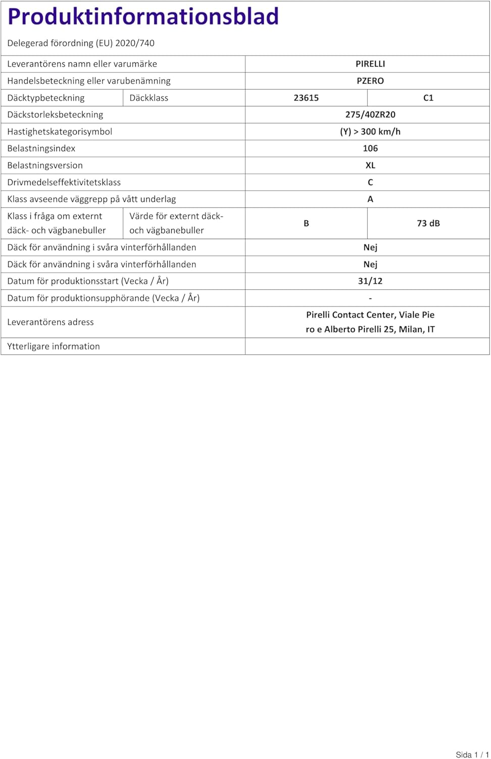 Radial Tire 275/40R20 106Y V288116