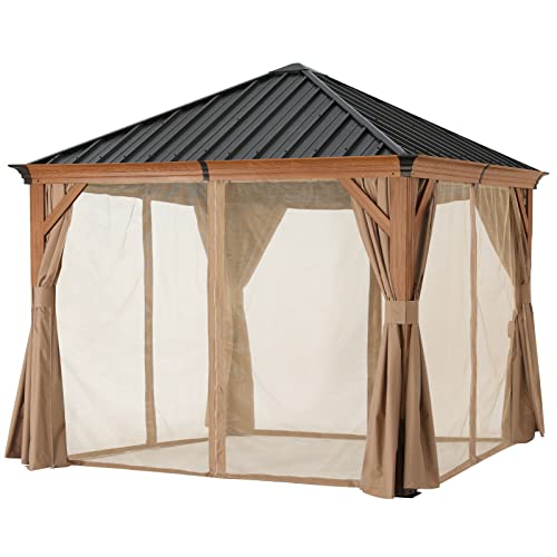 Outdoor Metal Hardtop Gazebo 8x8 with Netting and Curtain for Patio Backyard R36696