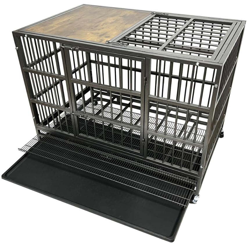 54/48/42/38 Inch Heavy Duty Dog Crate Cage with Stylish Woodtop, Indestructible Steel Kennel Indoor for High Anxiety Dogs with Sturdy Locks, Wheels, Double Door and Tray, Extra Large XL XXL