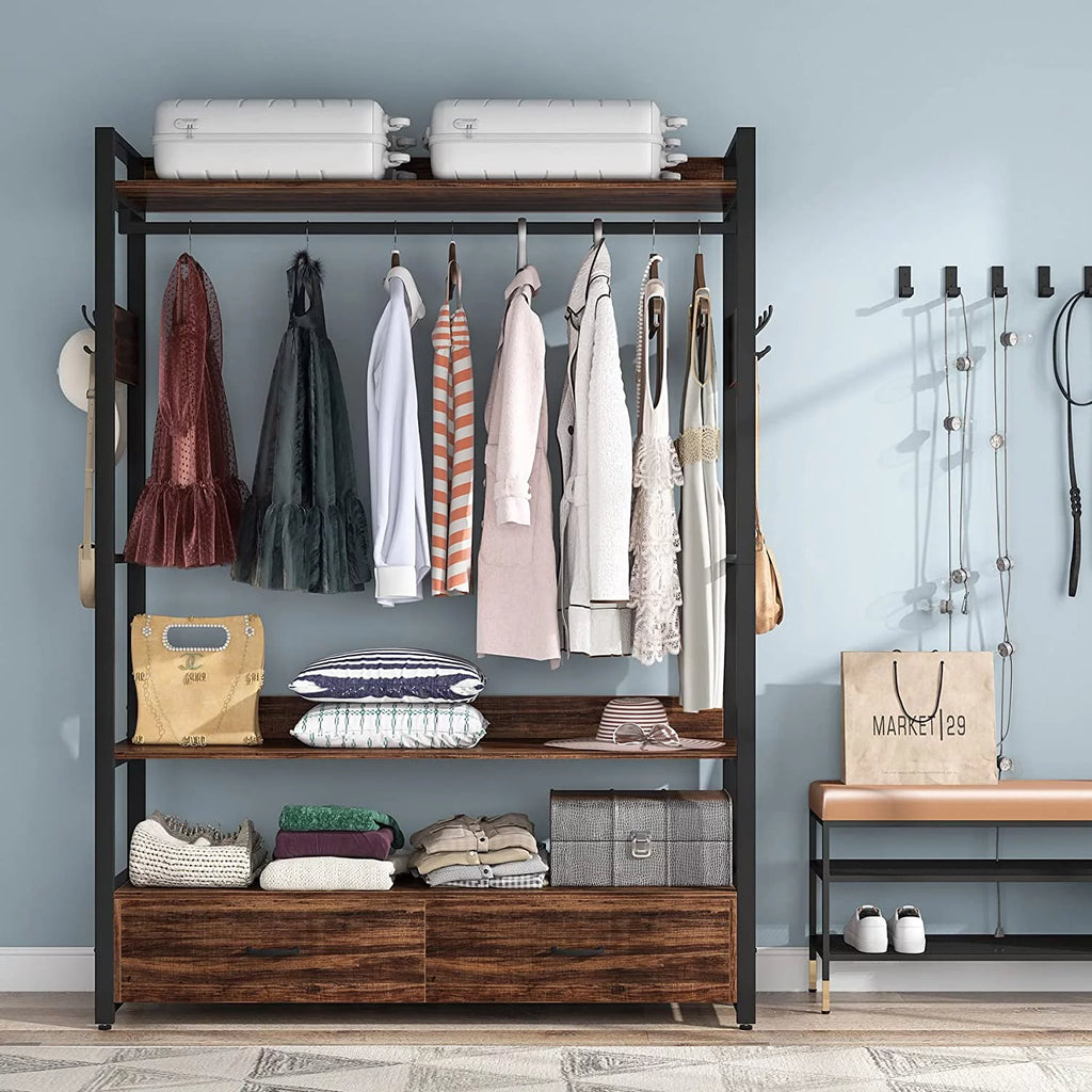 Heavy Duty Clothes Rack with Shelves, Hanging Rod and 2 Drawers, Rustic Brown P367
