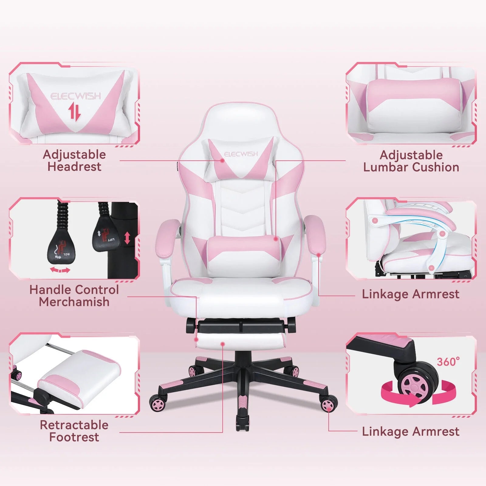 Pink Gaming Chair with Lumbar Support, Swivel Office Chair O5526