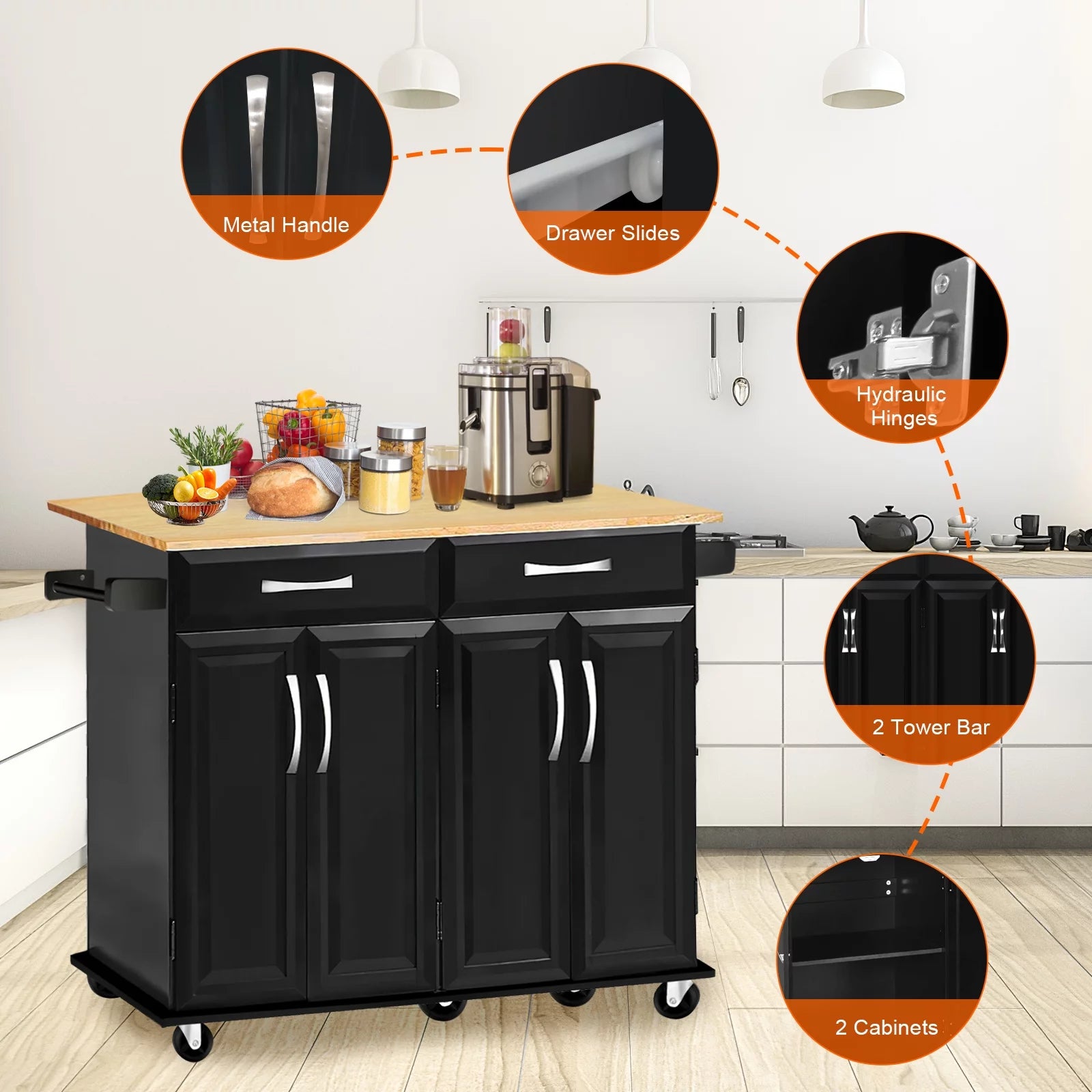 Kitchen Island with Drawers and Storage Cabinet, Rolling Serving Cart with Adjustable Shelves V48557