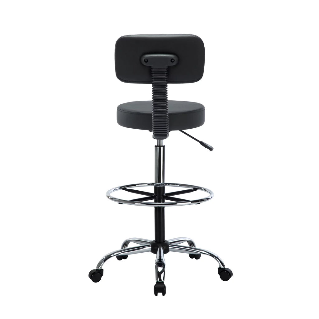 Height Adjustable Drafting Stool with Backrest, Faux Leather, Rolling Wheels D302274