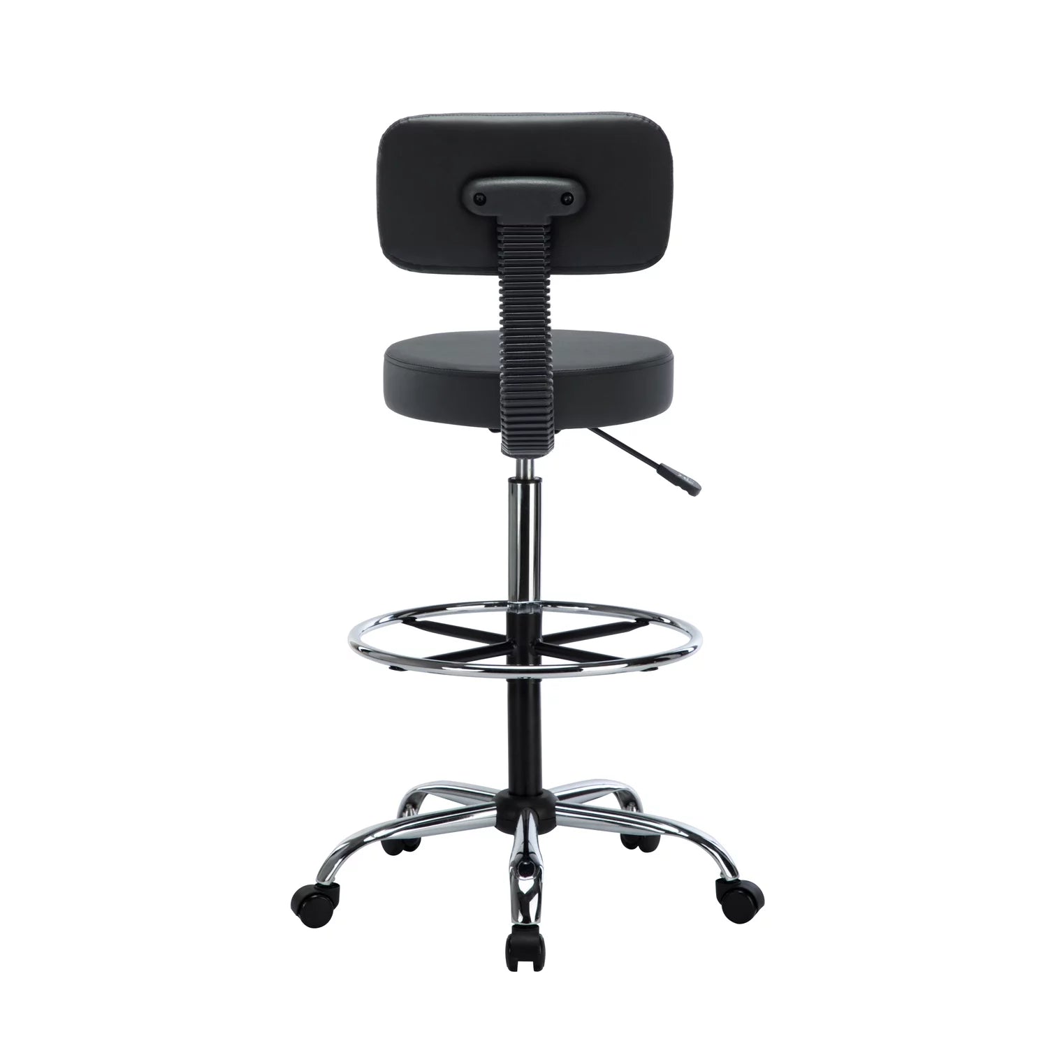 Height Adjustable Drafting Stool with Backrest, Faux Leather, Rolling Wheels D302274