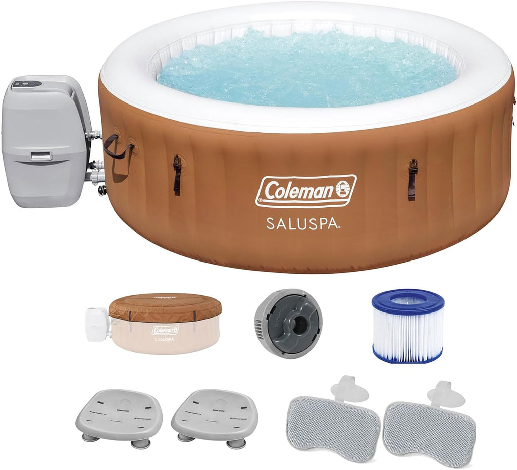 Coleman SaluSpa Ponderosa AirJet Inflatable Round Hot Tub with 2 Bestway SaluSpa Non-Slip Spa Seat and 2 Headrest Pillows with Adjustable Strap