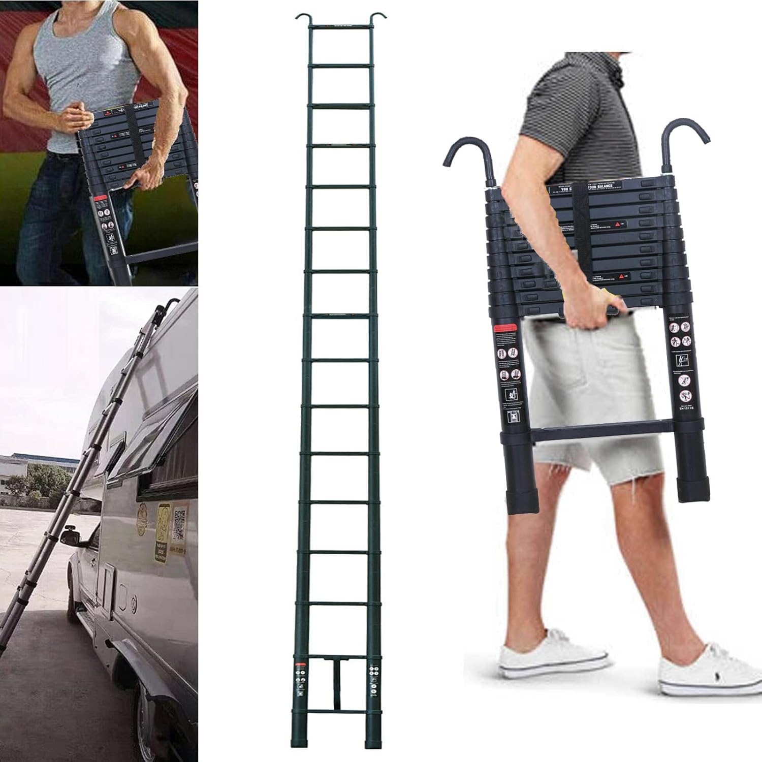 Aluminum Telescoping Ladder with Detachable Roof Hooks, 20 FT, Lightweight D360