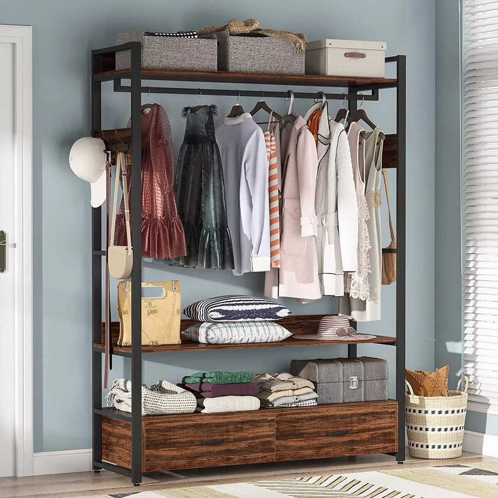 Heavy Duty Clothes Rack with Shelves, Hanging Rod and 2 Drawers, Rustic Brown P367