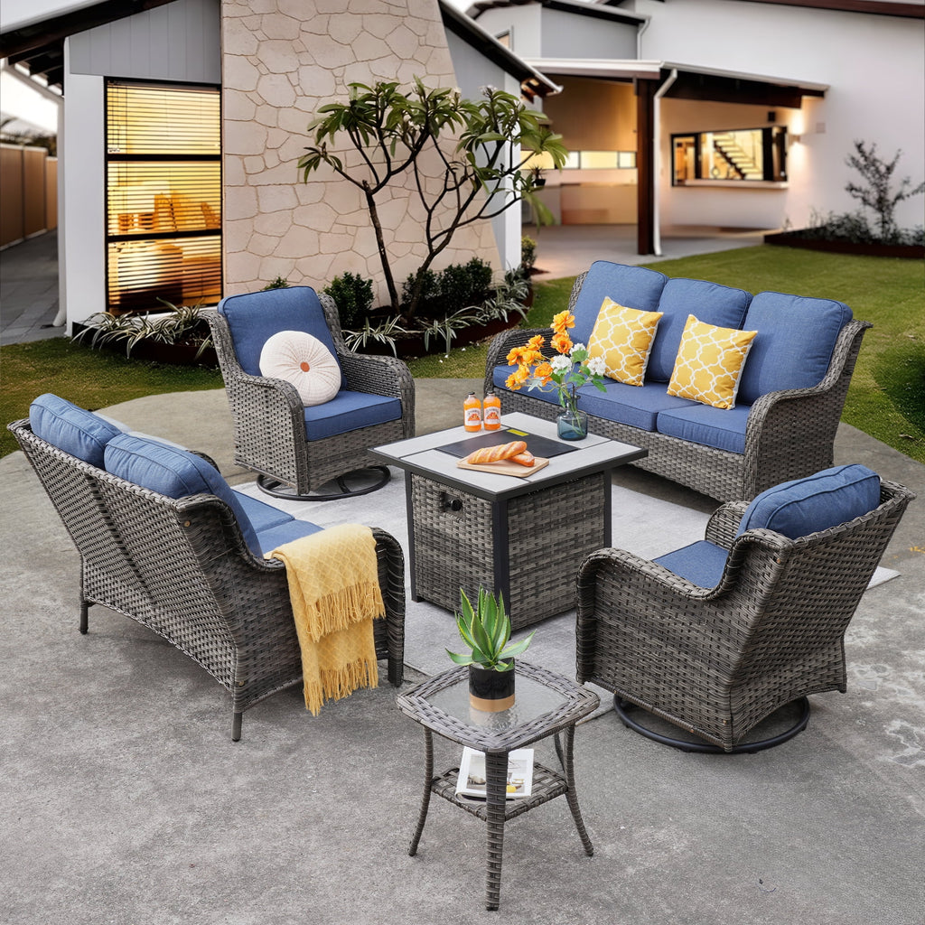 6 Piece Outdoor Patio Furniture Set with Fire Pit Table and Wicker Sectional Sofa W651