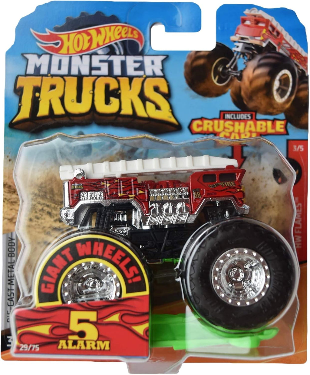 Hot Wheels Monster Trucks 1:64 Scale 5 Alarm 29/75 Includes Crushable Car, red with White Ladder