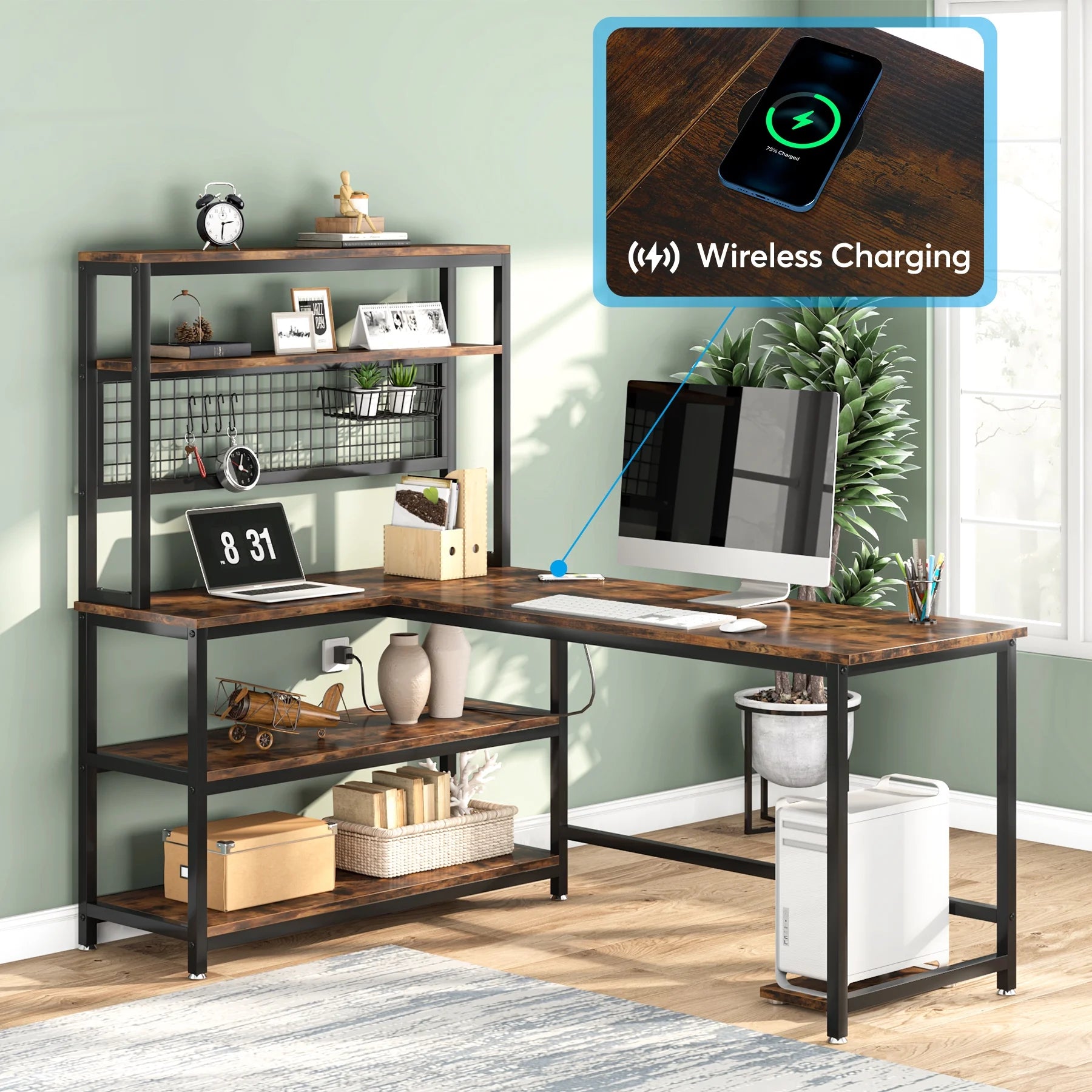 55" Computer Desk with Wireless Charging and Bookshelf Z234097