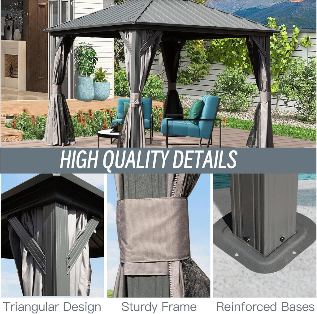 8x8FT Hardtop Gazebo with Galvanized Steel Double Roof, Curtain and Netting for Patio, Lawn, Garden N50114