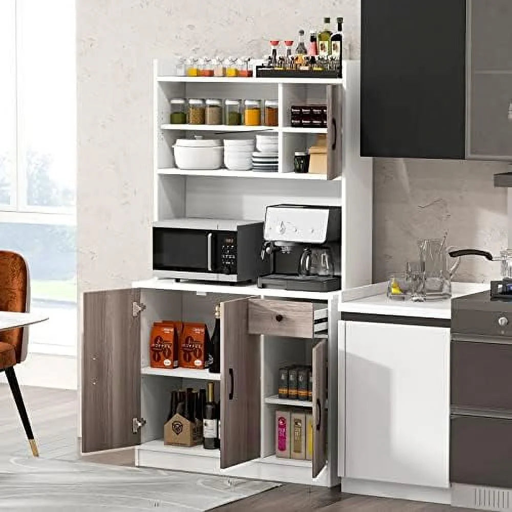Kitchen Pantry Cabinet 71'' Freestanding Microwave Cupboard with 3 Cabinets and Drawer P5840