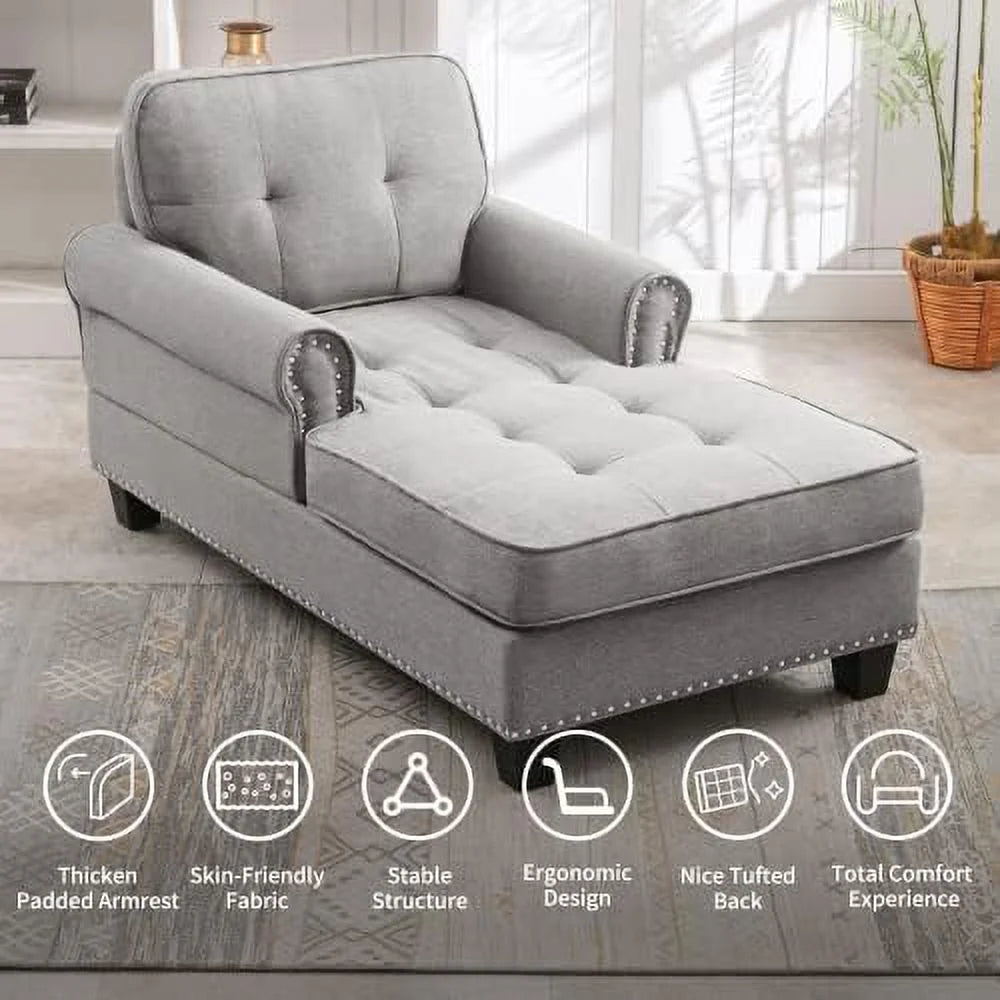 Linen Chaise Lounge Sofa Bed with Tufted Back for Small Spaces A879711