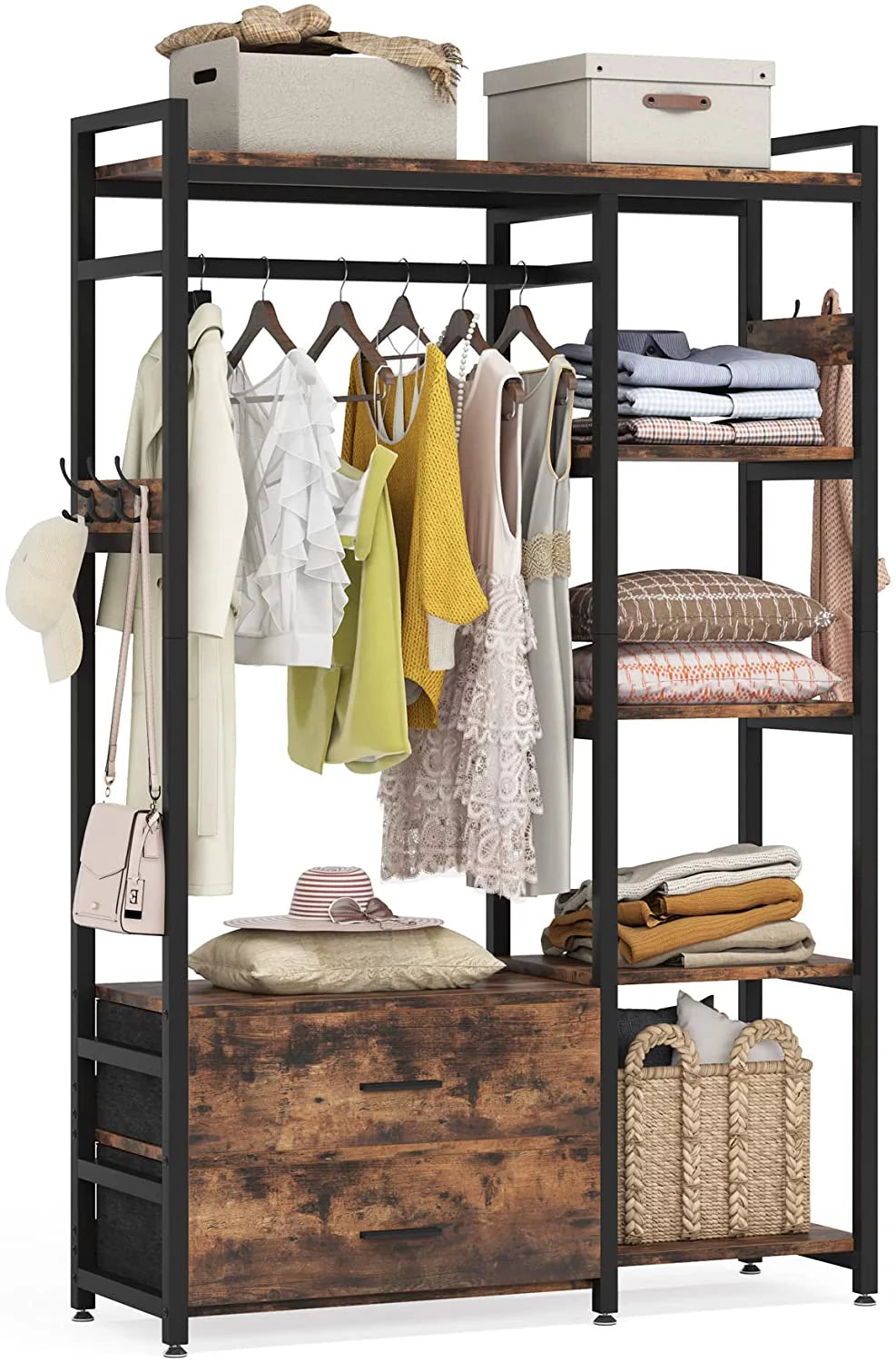 Freestanding Closet Organizer with Drawers and Shelves, Heavy Duty Garment Rack for Bedroom, Rustic Brown D331286