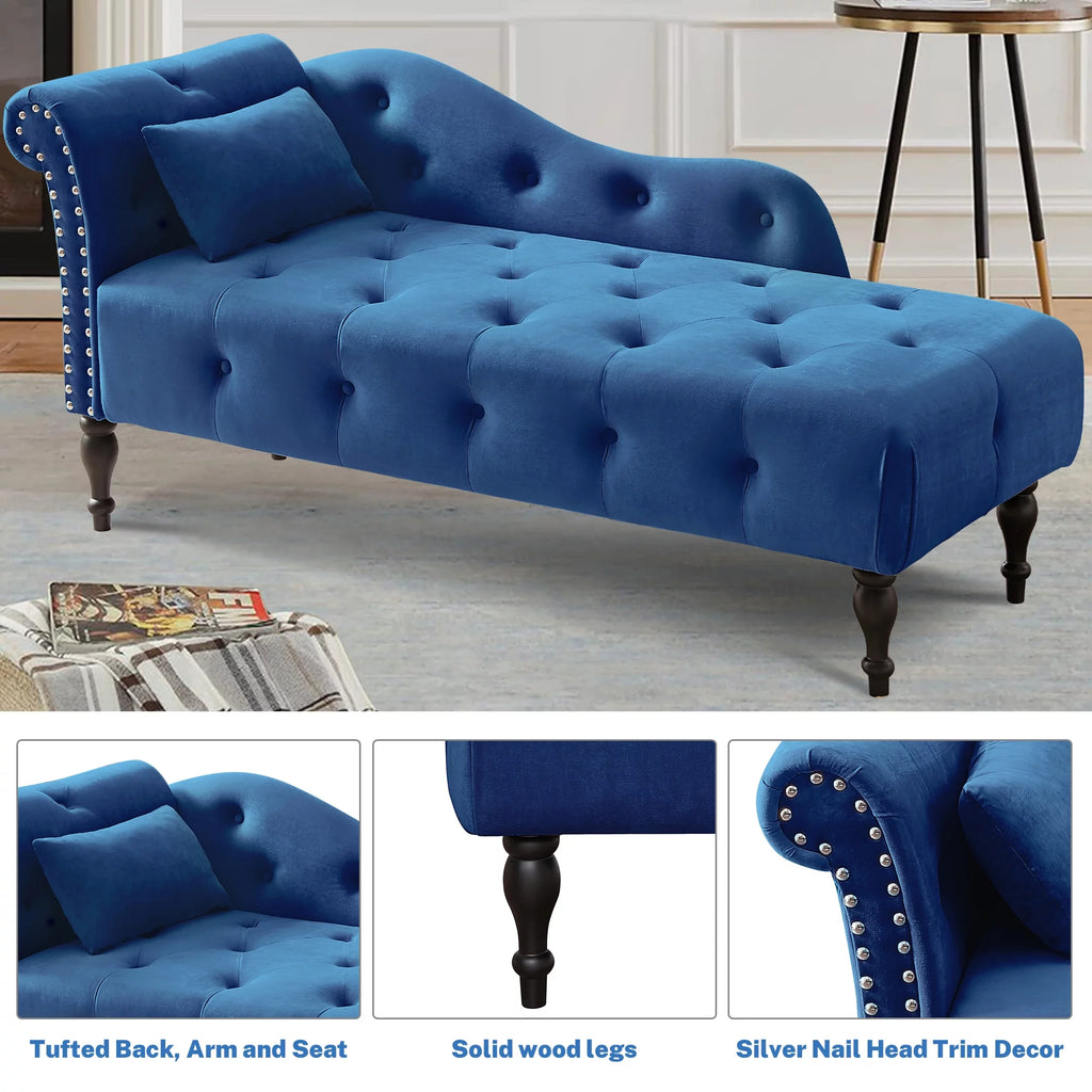 Modern Lounge Chaise Indoor, Upholstered Accent Chair with Button Tufted Seat and Solid Wooden Legs, Blue H5118