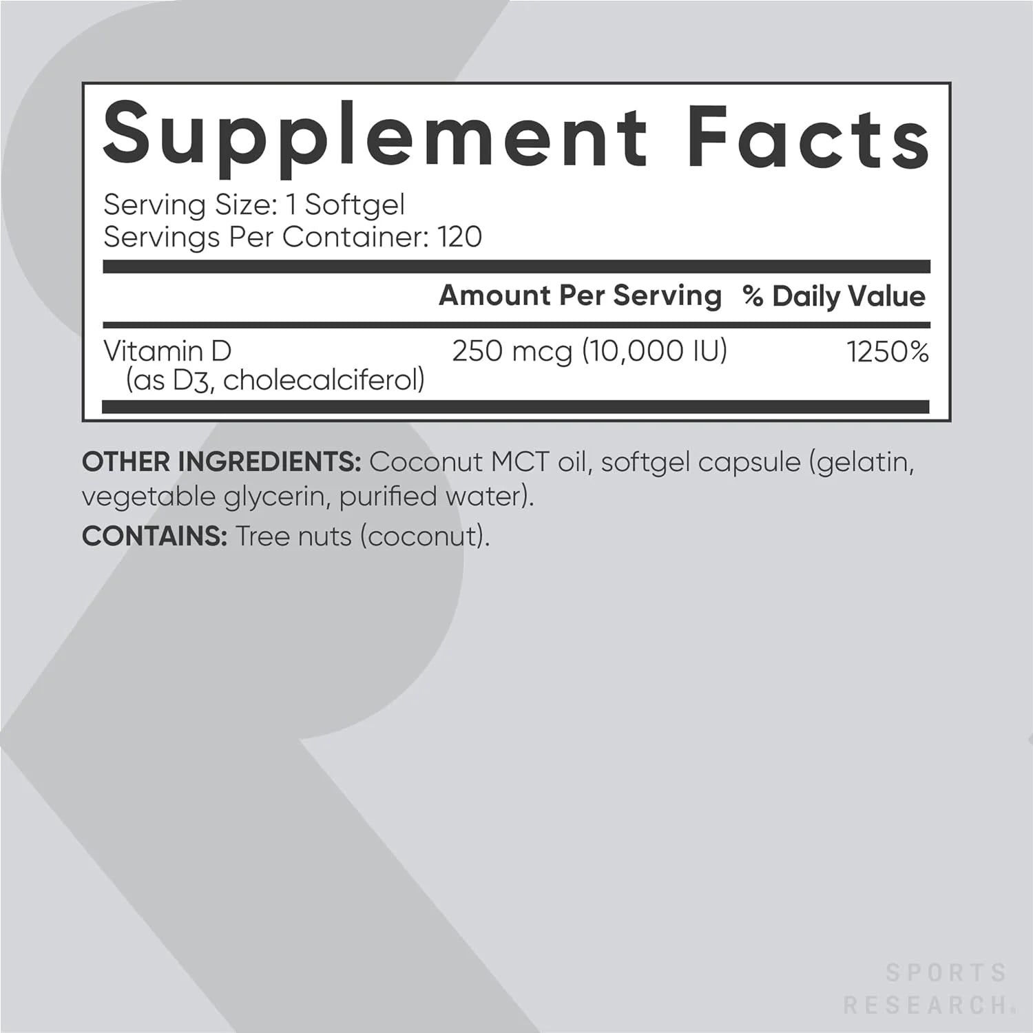 Vitamin D3 10,000 IU with Coconut MCT Oil Supplement, 120 Softgels L359399