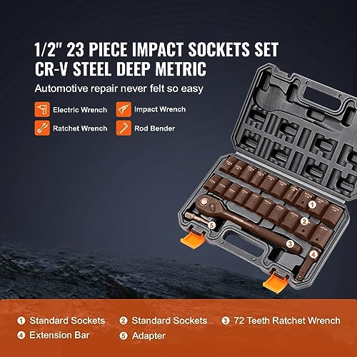 1/2" Drive Impact Socket Set, 23 Piece, SAE & Metric, Cr-V Alloy Steel R7208