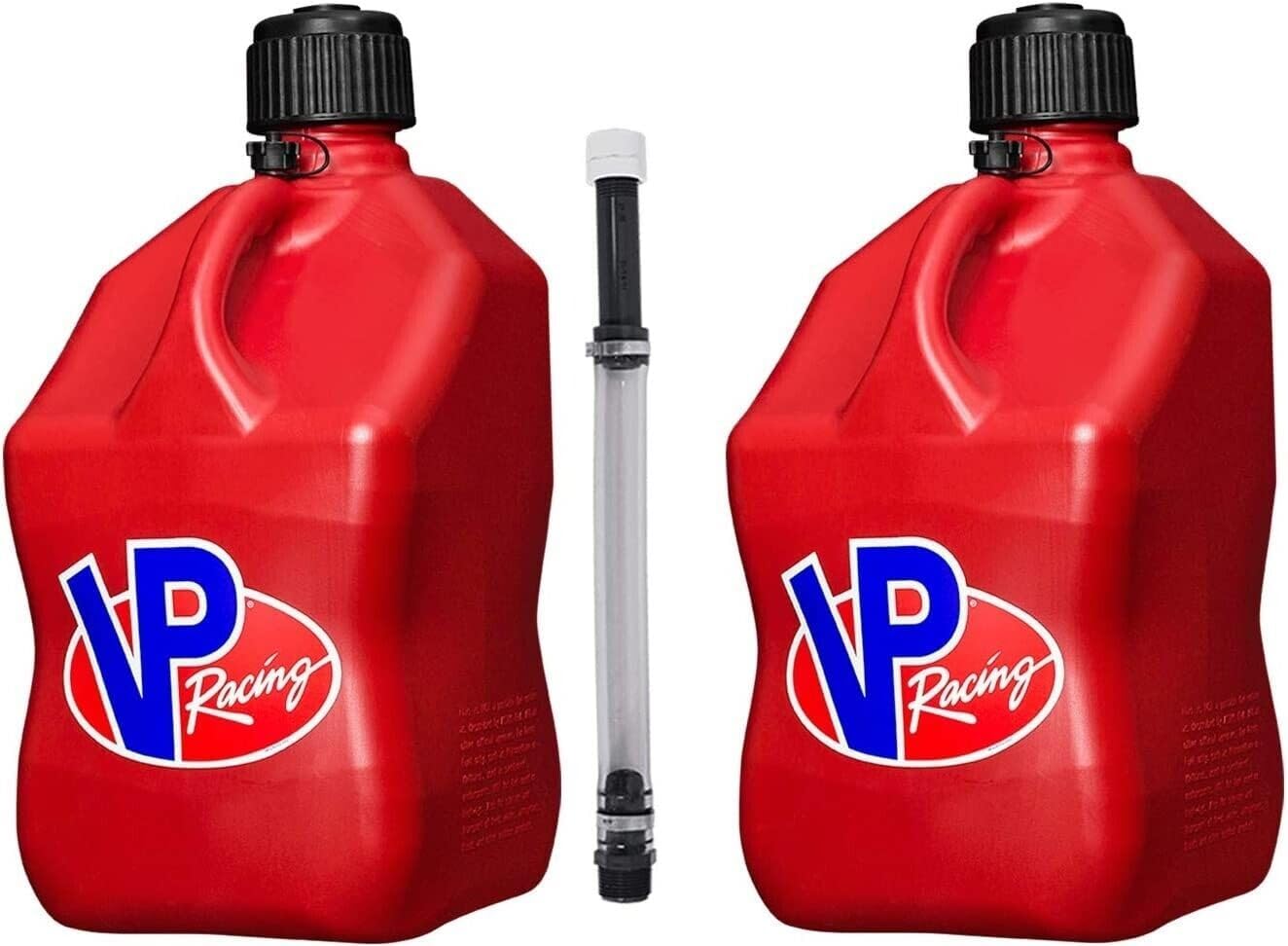 VP Racing 5.5-Gallon Square Motorsport Container (2 Pack) Red with 14" Deluxe Filler Hose (1 Pack) Features Close-Trimmed Cap and Neck for Tight Seal