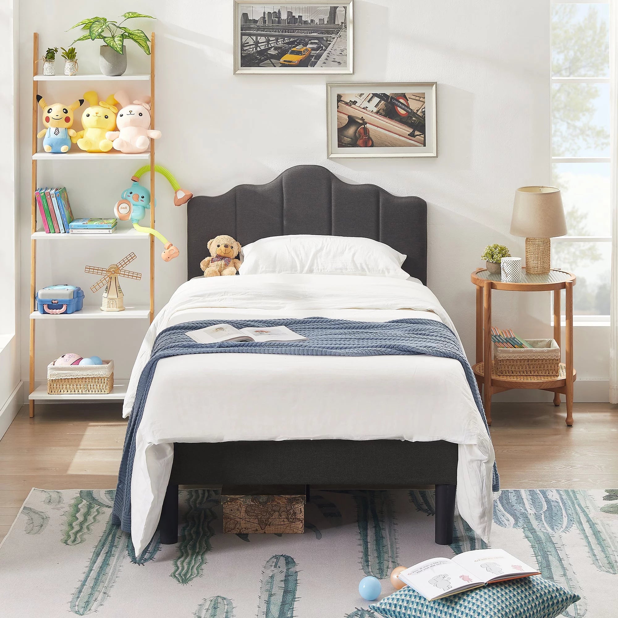 Twin Size Bed with Adjustable Headboard, Upholstered Platform Bed Frame, Dark Grey E687