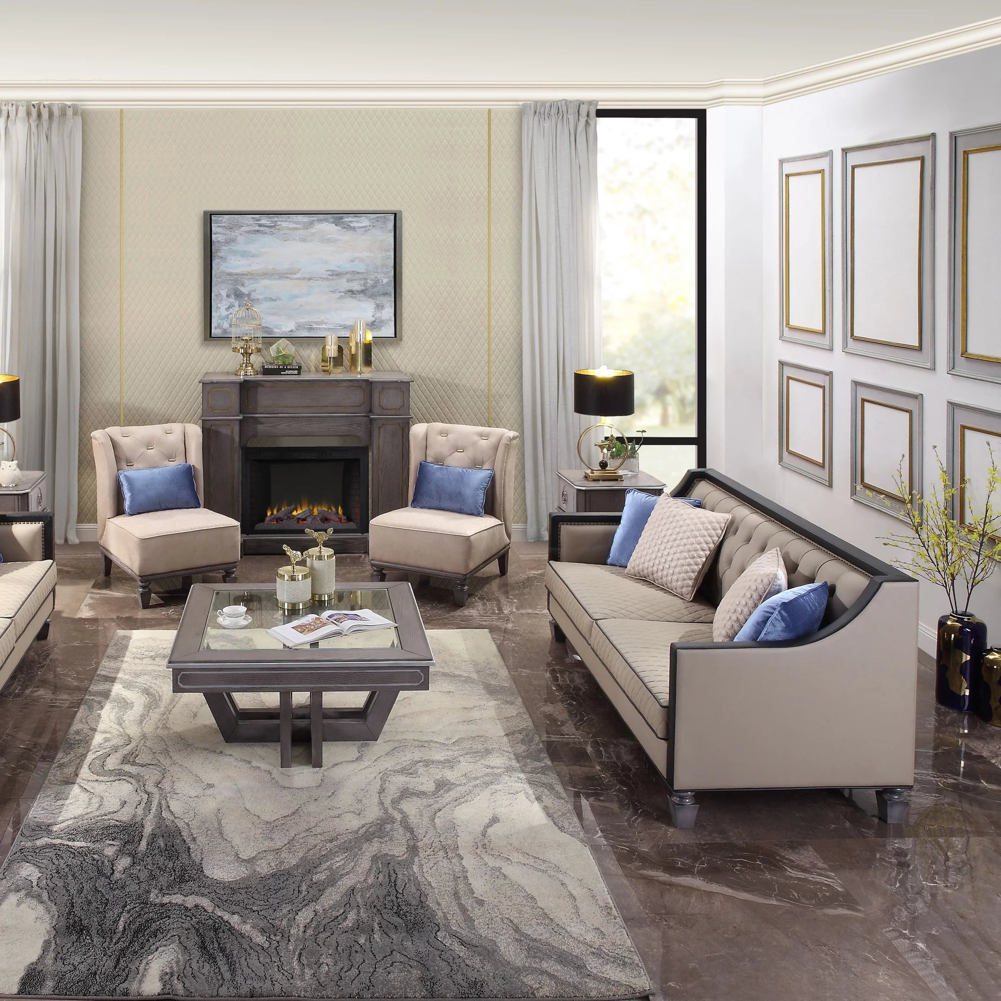 Sofa with 4 Pillows in Tan, Black and Charcoal R9054