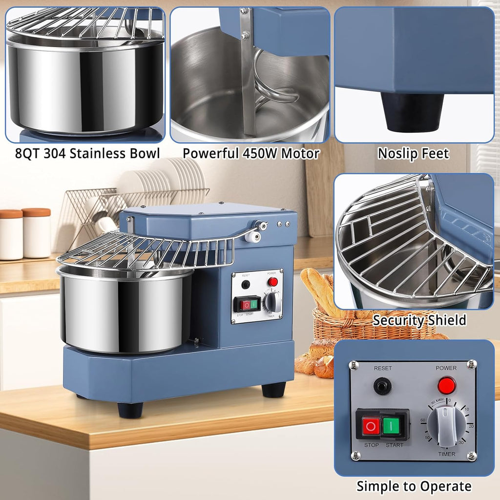 Dough Mixer, 8Qt Stainless Steel Bowl, 450W Dual Rotating Kneading Machine with Timer N435
