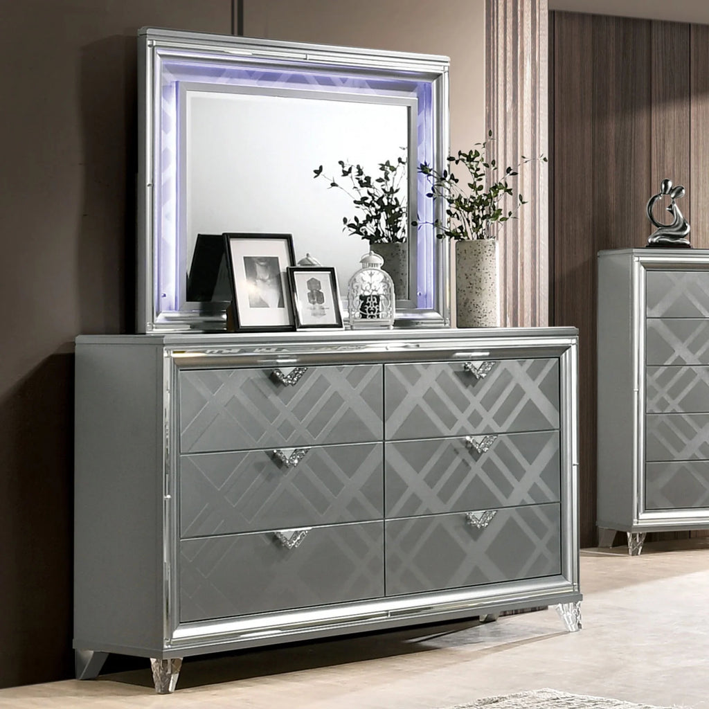 Eastern King Size Bed with LED Dresser Mirror and 2 Nightstands 5pc Set M27967