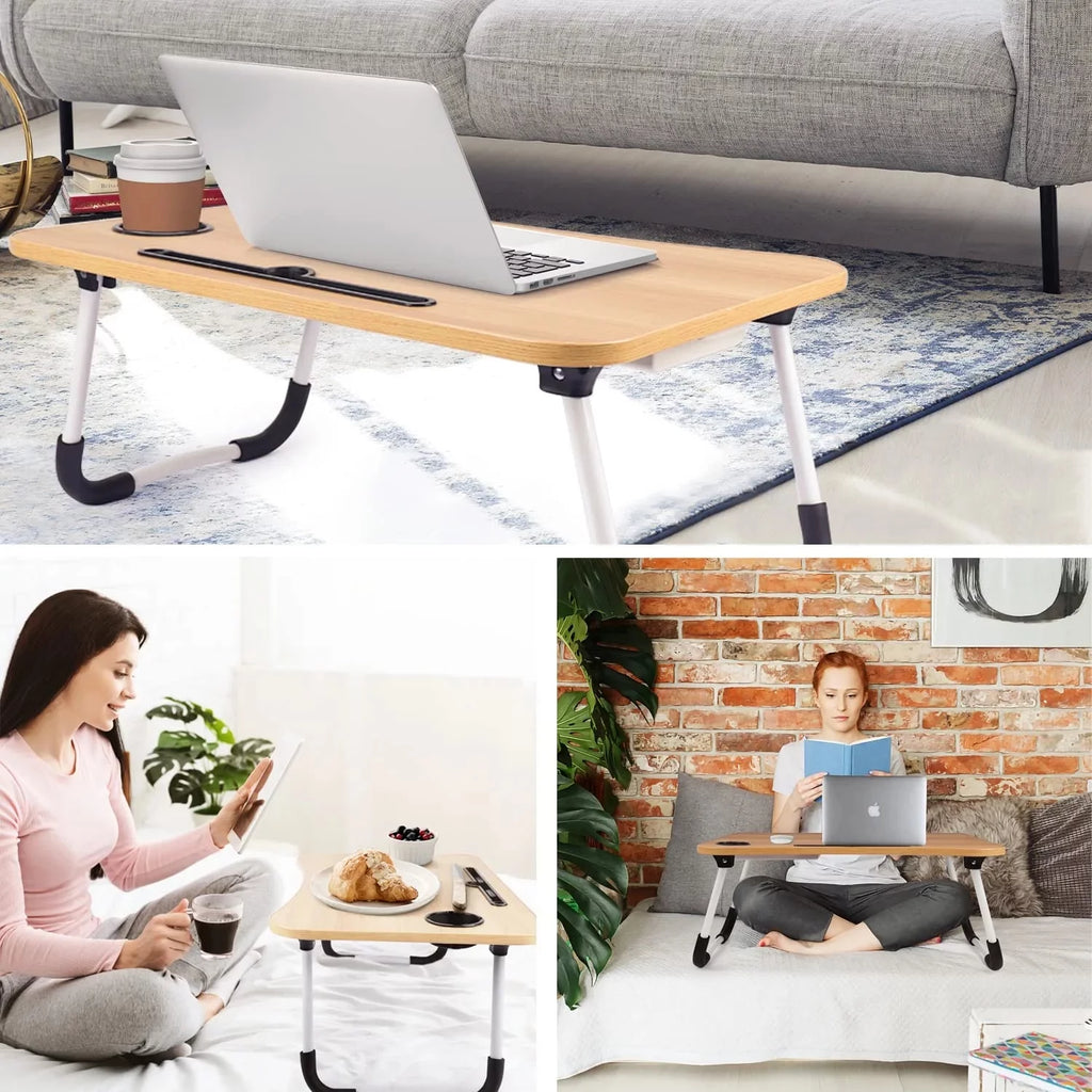 Foldable Lap Desk, 23.6 Inch Portable Wood Laptop Desk with iPad Slots, Cup Holder and Drawer A616759