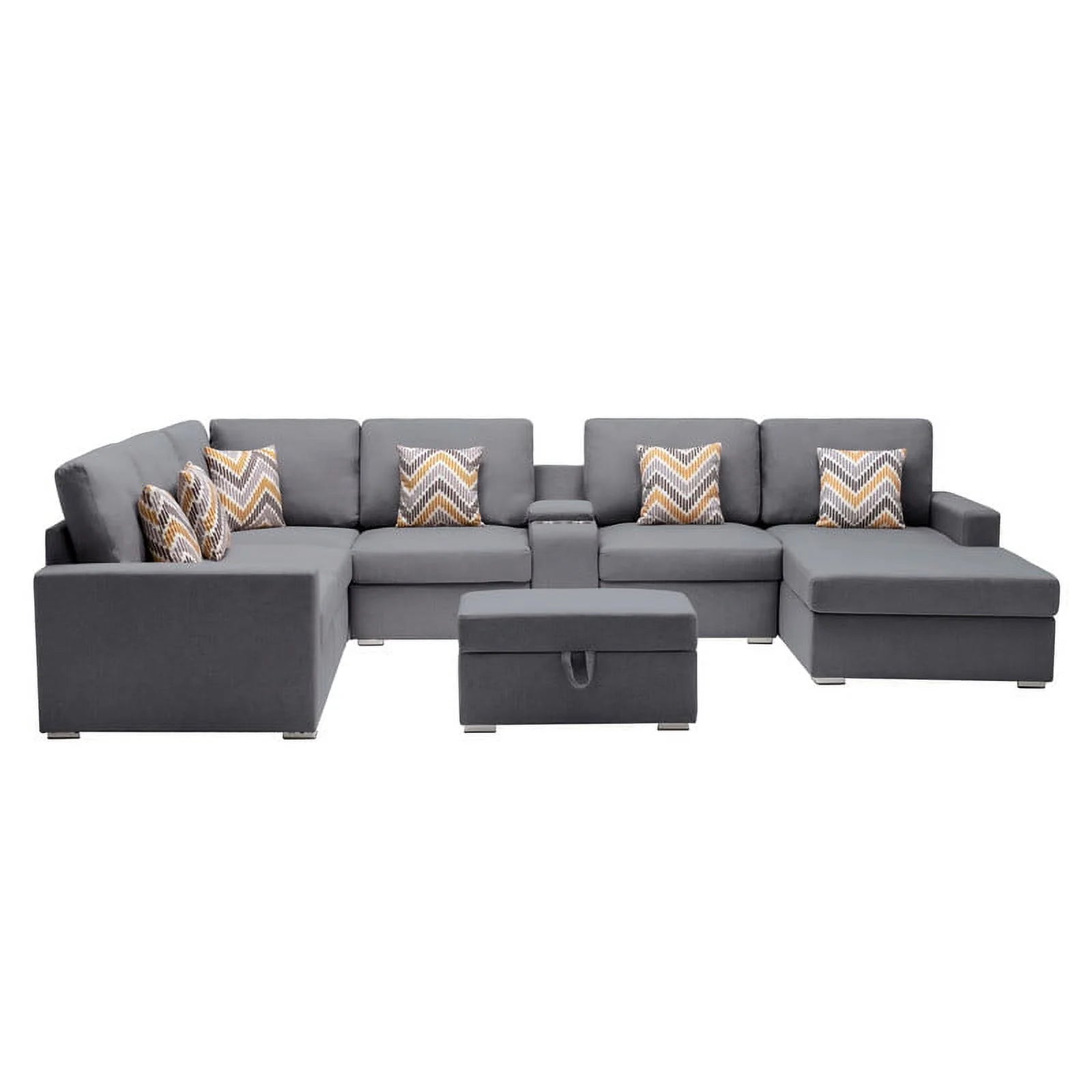 Gray Linen Fabric 8-Piece Reversible Chaise Sectional with USB Port Storage T7553