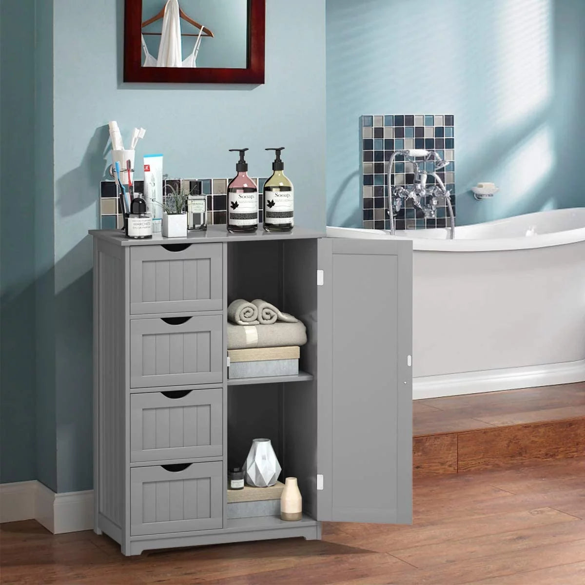 Freestanding Bathroom Floor Cabinet with 4 Drawers and Cupboard W732794