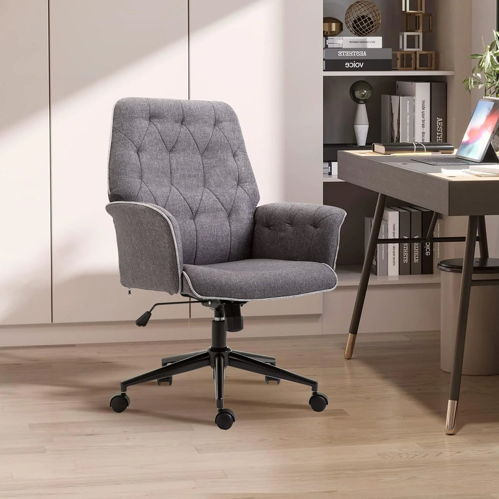 Linen Office Chair, Tufted Adjustable Computer Chair with Swivel Wheels, Dark Gray K806506