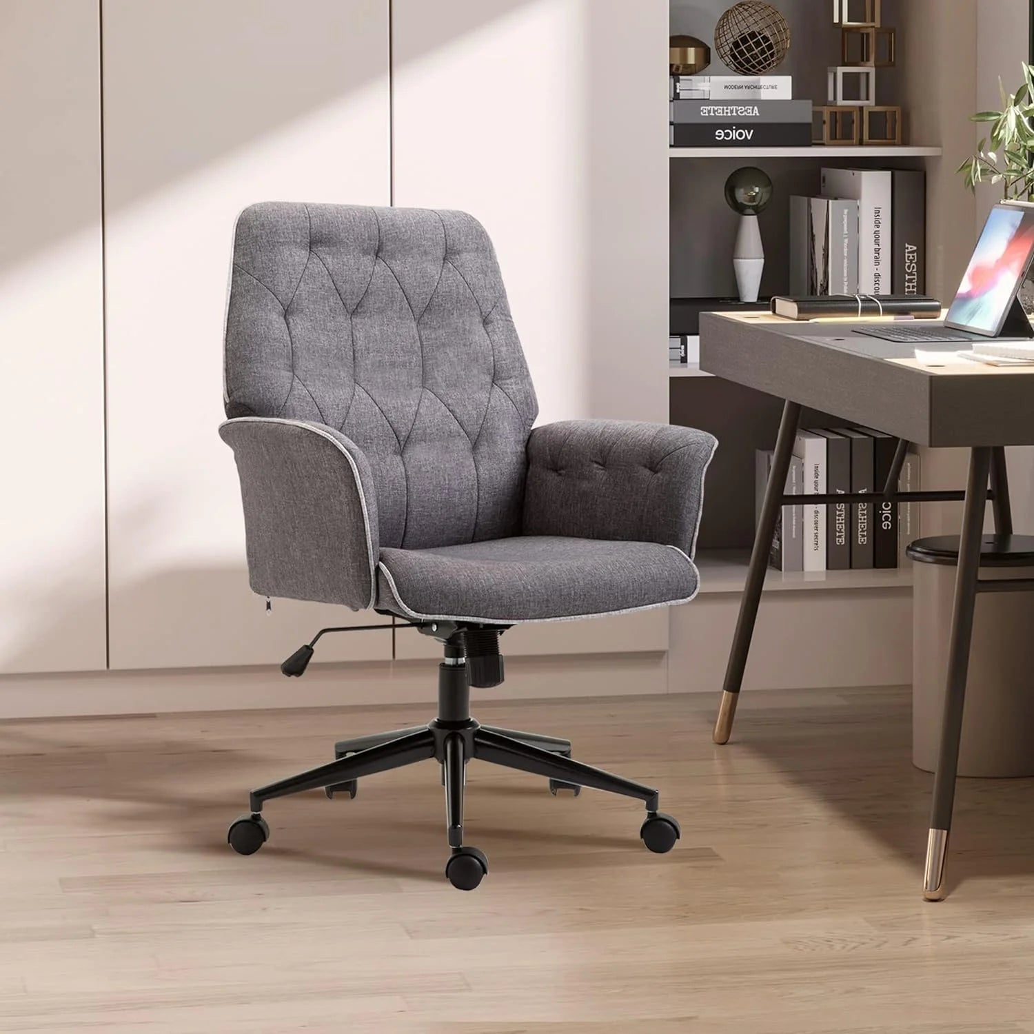 Linen Office Chair, Tufted Adjustable Computer Chair with Swivel Wheels, Dark Gray K806506