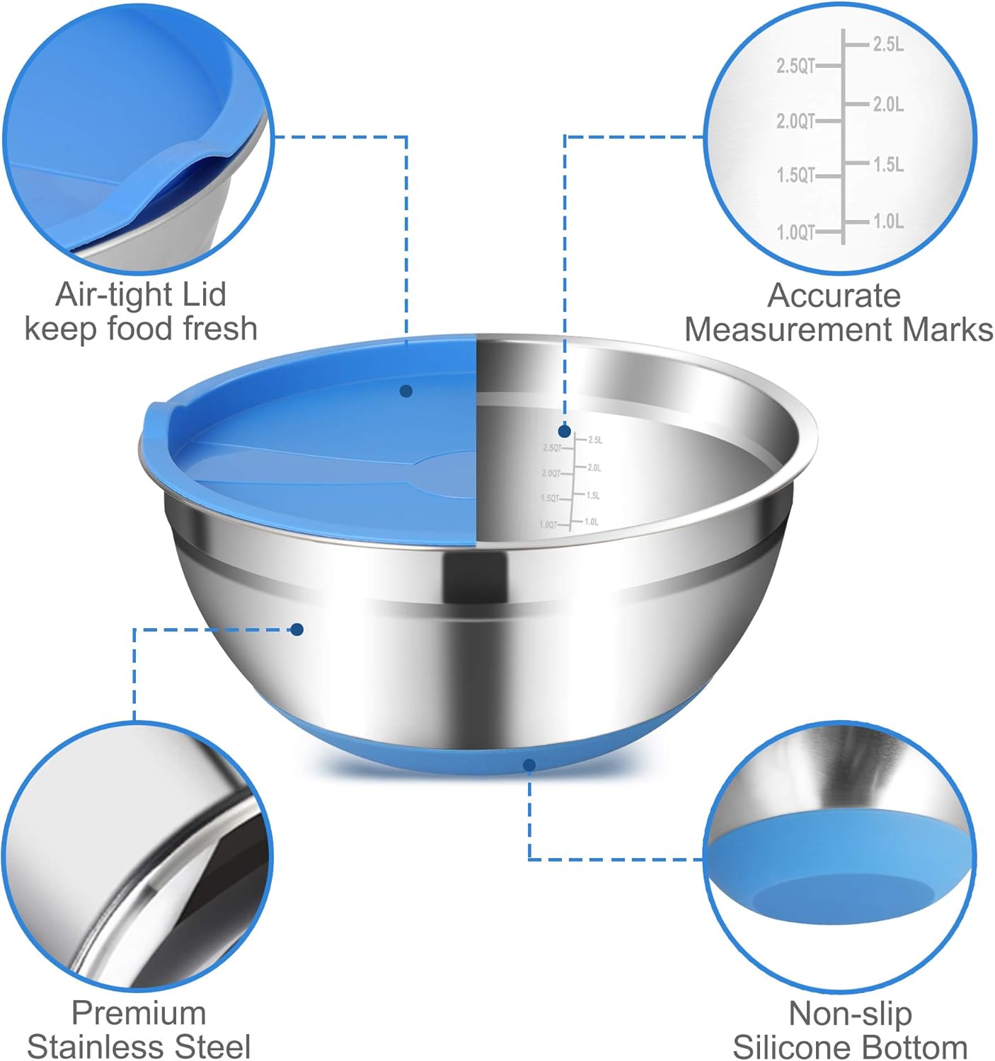 Mixing Bowls with Airtight Lids, Set of 5, Stainless Steel with Non-Slip Silicone Bottom X97975