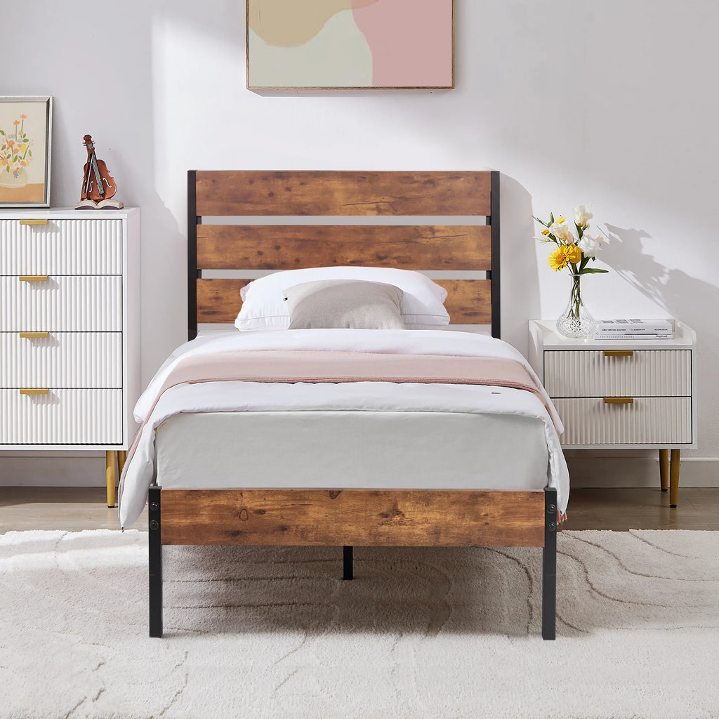 Twin Bed Frame with Wooden Headboard, Rustic Industrial Platform Bed D329